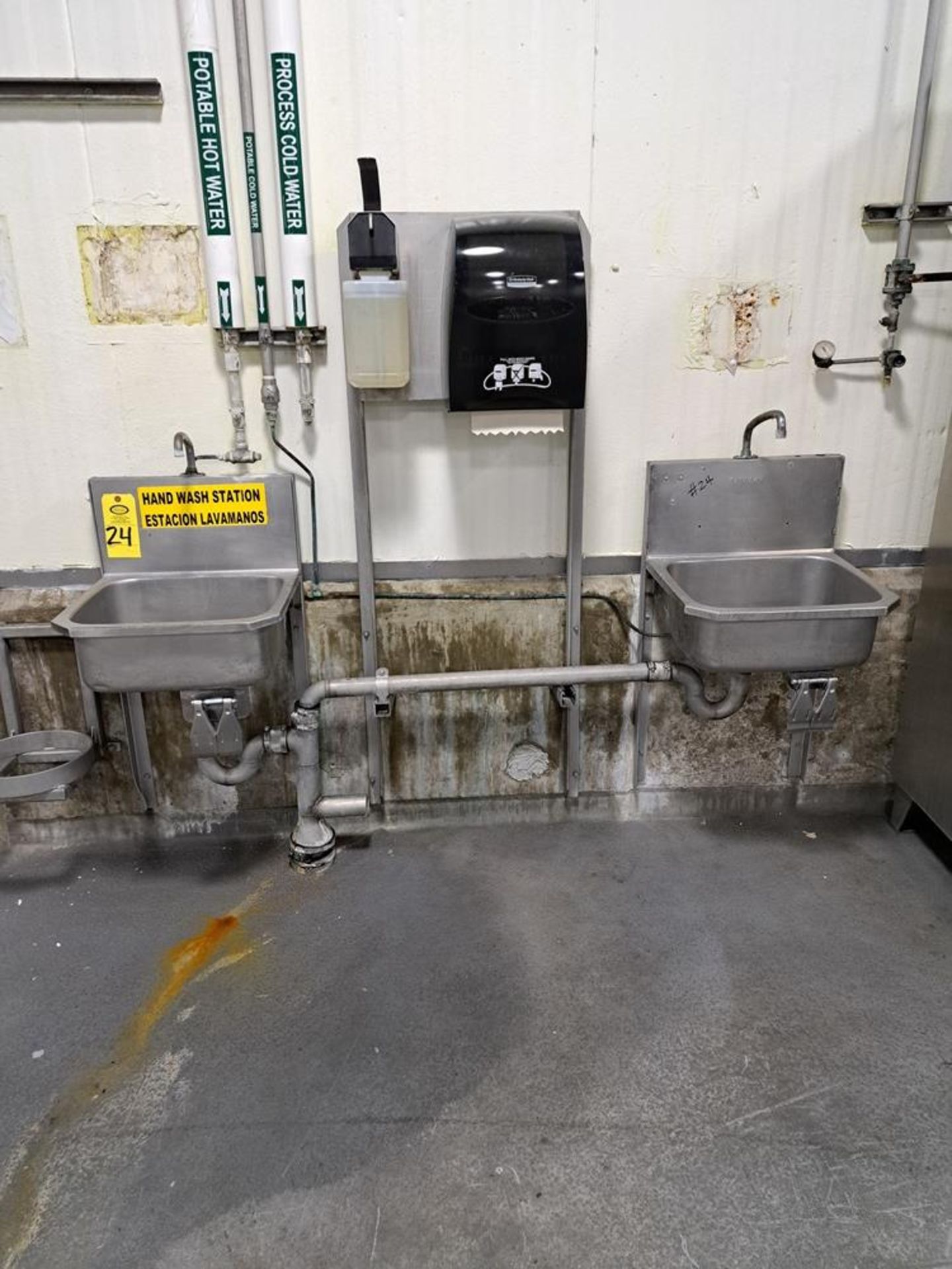 Lot (2) Stainless Steel Hand Wash Sinks with Soap and Towel Dispensers: Required Loading Fee $150.