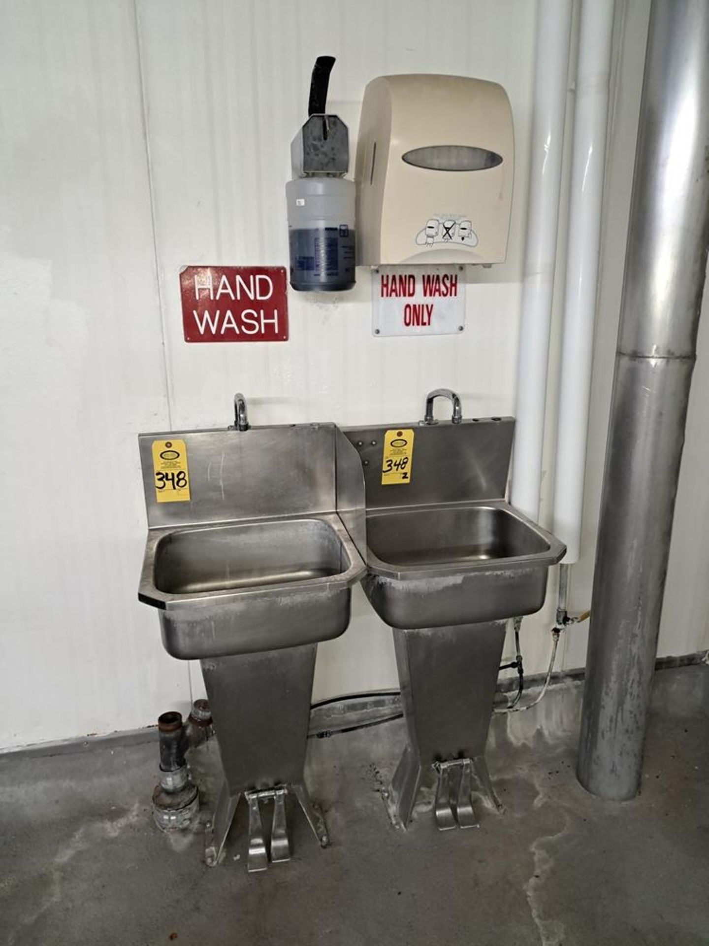 Lot (2) Stainless Steel Hand Wash Sinks, knee activated with soap and towel dispenser: Required