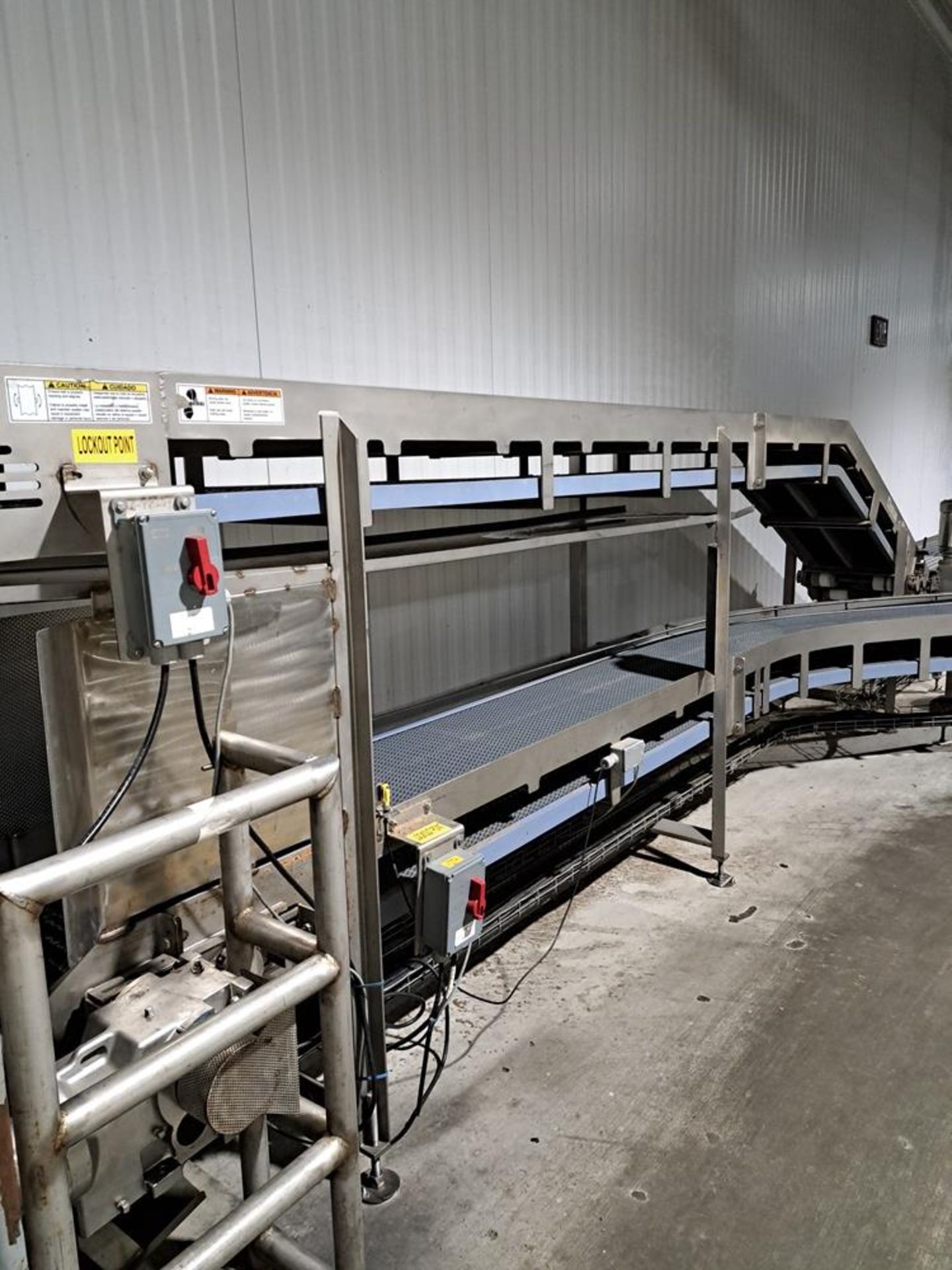 Stainless Steel Incline Conveyor, 20" W X 19' L plastic belt, 6' discharge, 230/460 volt motor: