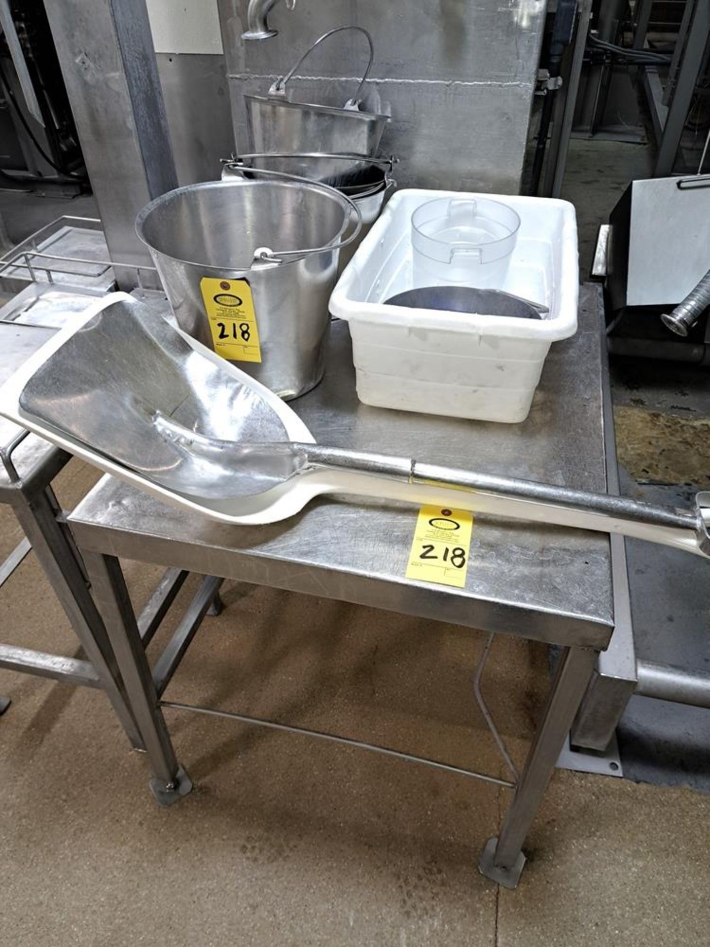 Lot Stainless Steel Table, 31" W X 41" L, (5) Stainless Steel Buckets, (2) Shovels, Stainless - Image 2 of 2