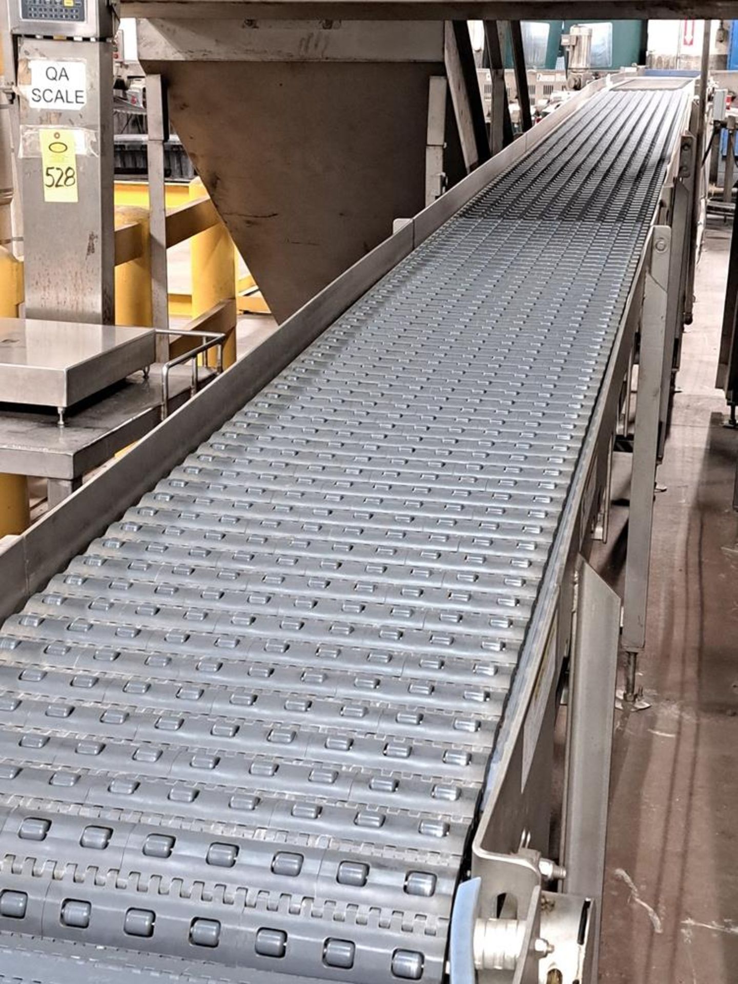 Stainless Steel Frame Conveyor, 20" W X 25' L, plastic belt, stainless steel motor, 230/460 volts: