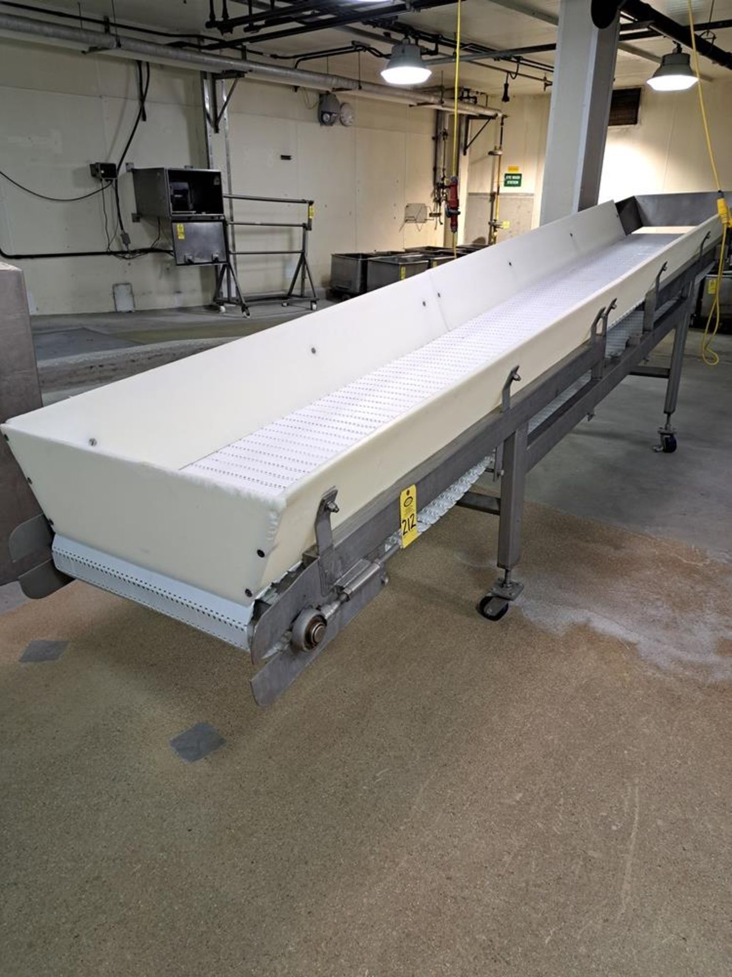 Portable Stainless Steel Incline Conveyor, 28" W X 17' L plastic belt, 24" infeed, 48" discharge,