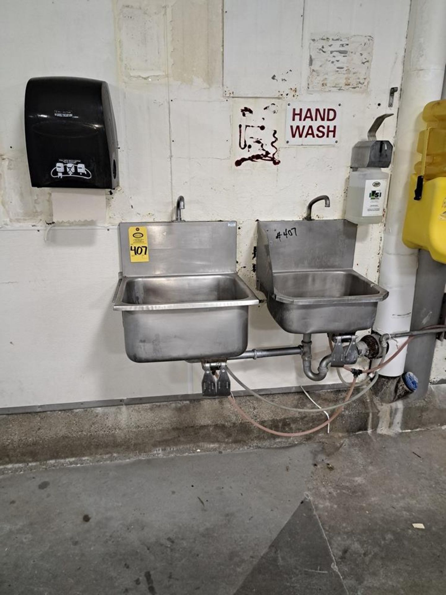 Lot (2) Hand Wash Sinks, knee activated, soap and towel dispenser: Required Loading Fee $100.00,