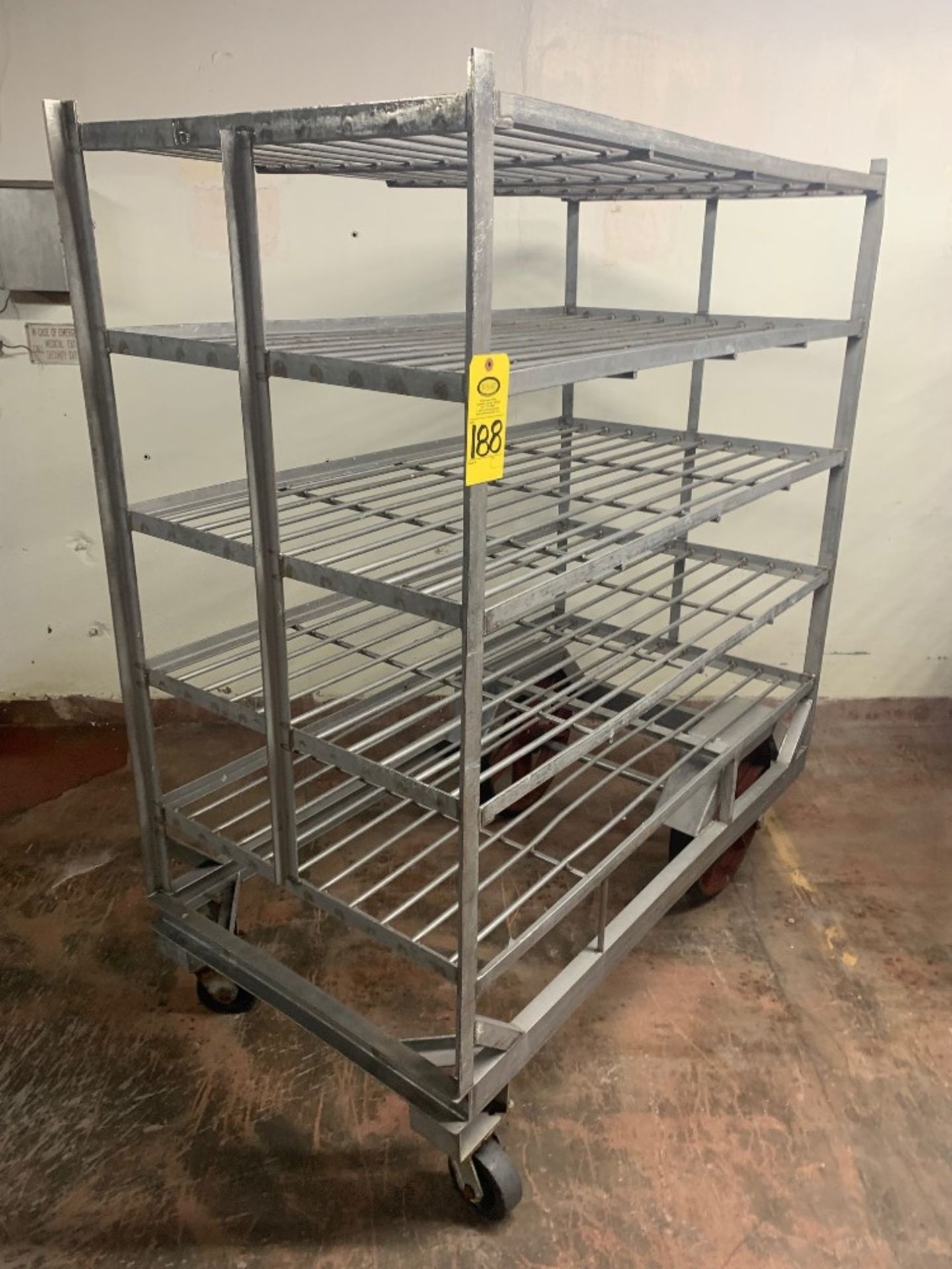 Stainless Steel Cart, 34" W X 62" X 6' T, 5-shelves, 20" rear wheels: Required Loading Fee $100.