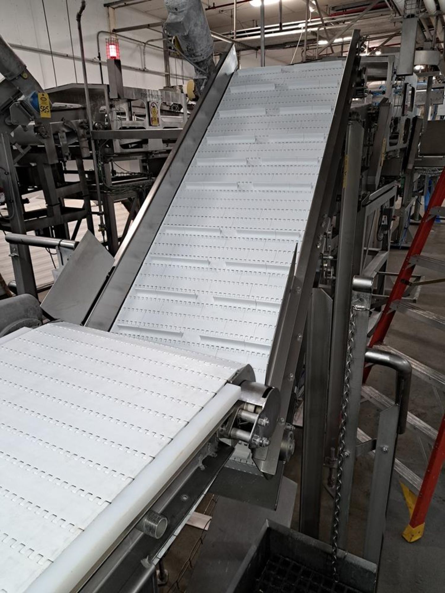 Frontmatec Stainless Steel Incline Conveyor, 24" W X 80" L, 5" infeed, 8' discharge with 24" W X 20"