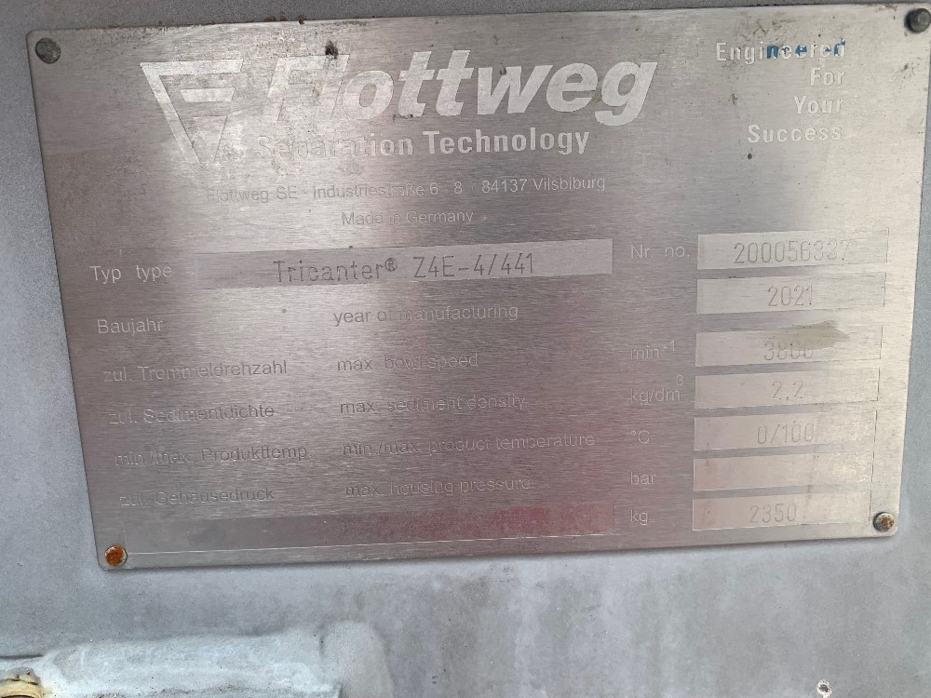 Flottweg Tricanter 47441 Centrifuge, Ser. #200056337, Mfg. 2021 with control panel: Required Loading - Image 7 of 12