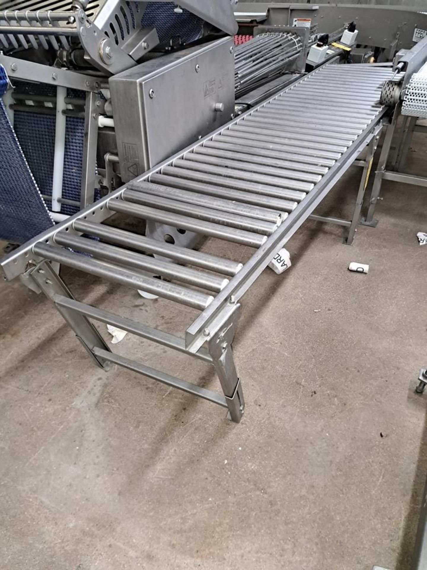 Lot Roller Conveyor, Stainless Steel Processing Bins with chutes, Stainless Steel Platform,