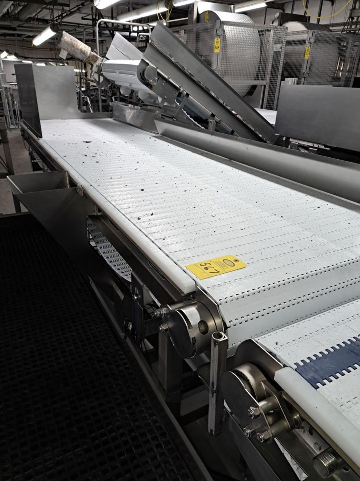 Frontmatec Stainless Steel Conveyor, 36" W X 138" L plastic belt on 8' tall stand, stainless steel