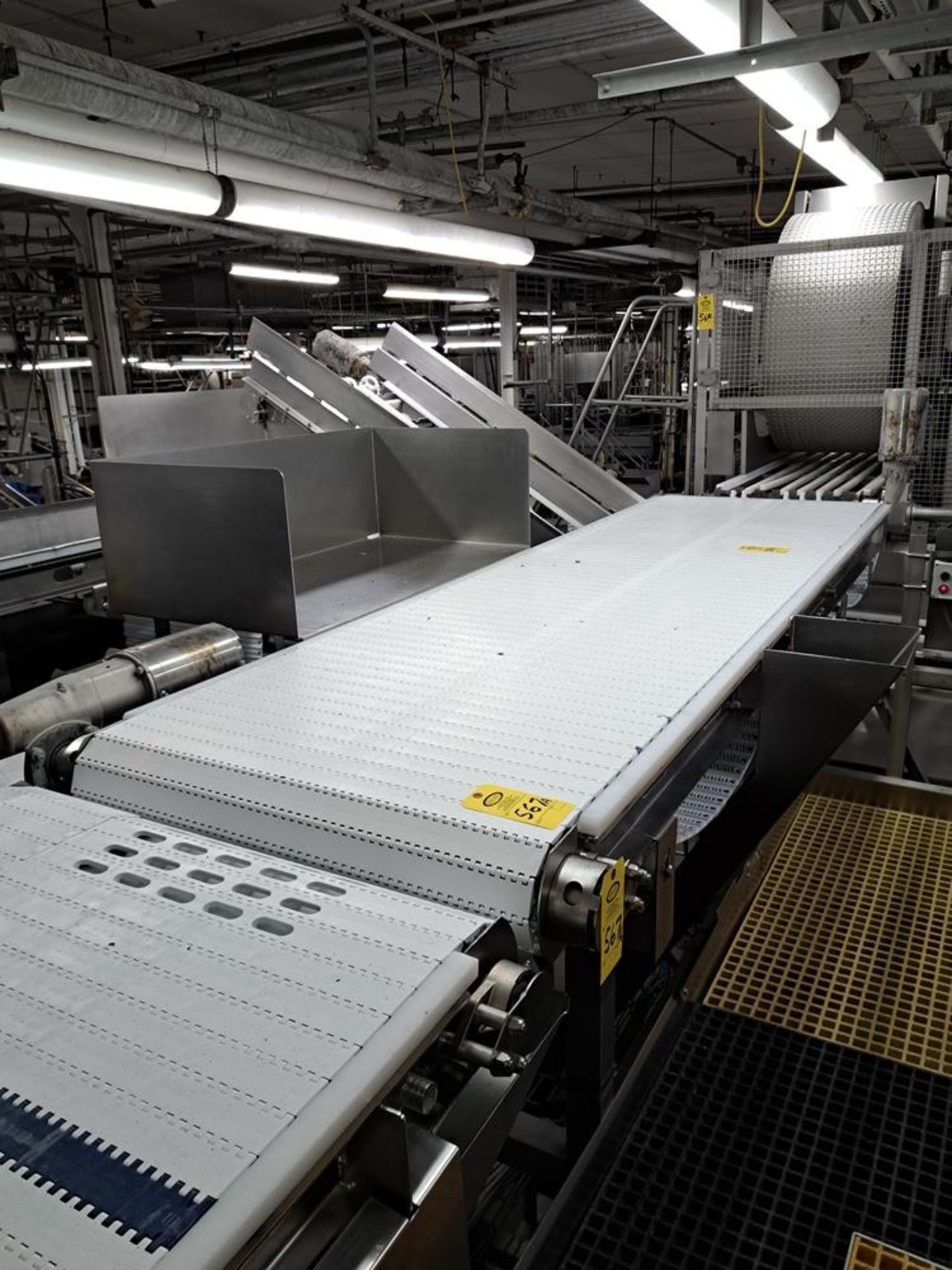 Frontmatec Stainless Steel Conveyor, 36" W X 138" L plastic belt on 8' tall stand, stainless steel