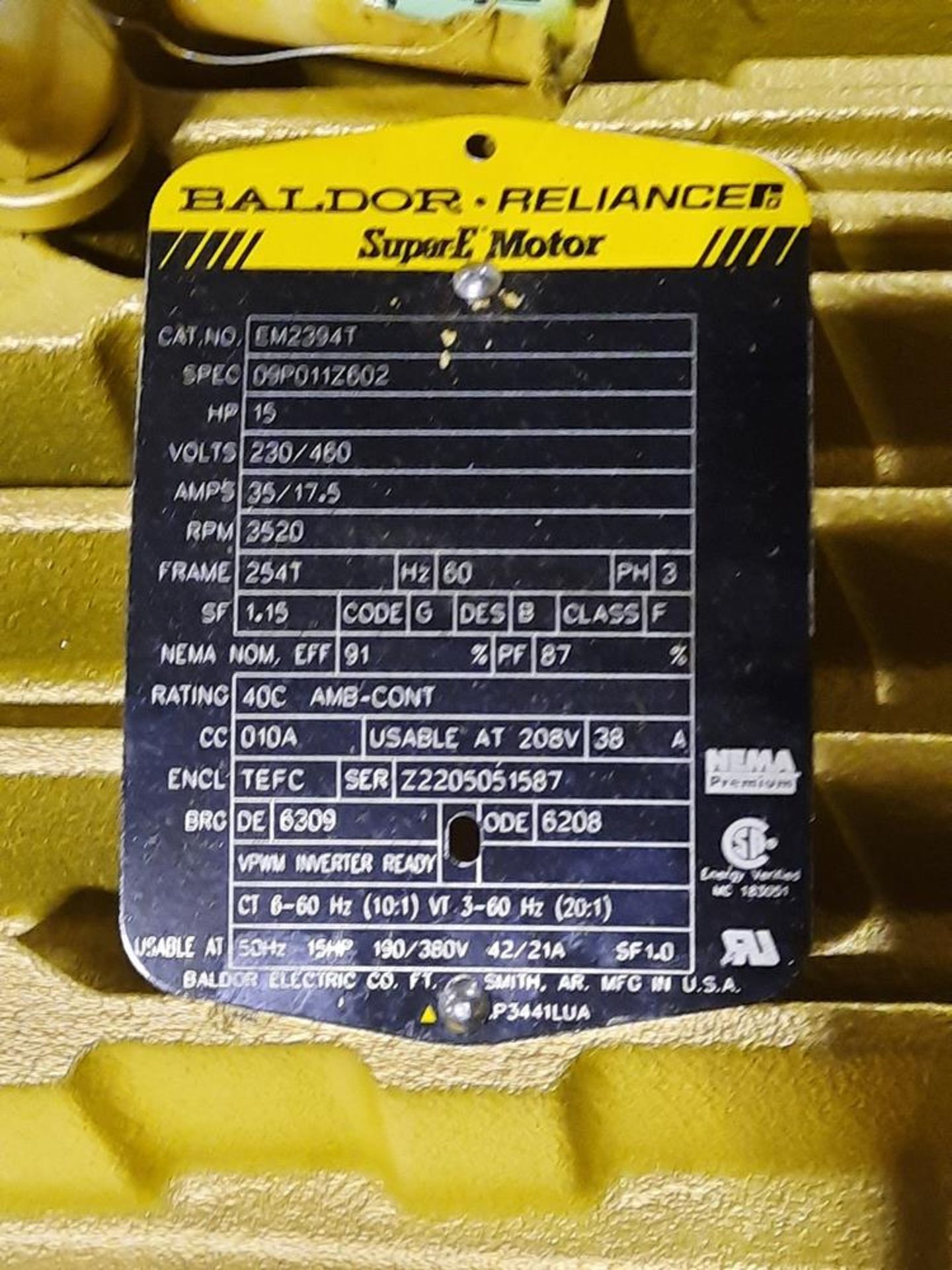 Baldor Motor, 15 h.p., 230/460 volts, 3520 rpm, 254T frame, 3 phase: Required Loading Fee $50.00, - Image 3 of 3