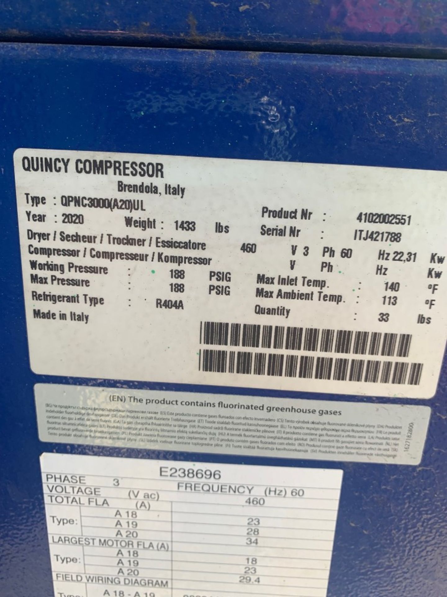 Quincy Mdl. QPMC3000 Air Dryer, Ser. #ITJ421788, Mfg. 2020: Required Loading Fee $1800.00, Rigger- - Image 4 of 4