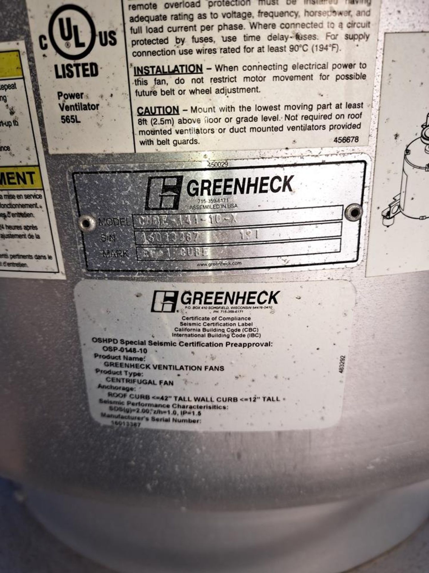 Greenheck Exhaust Fan: Required Loading Fee $600.00, Rigger-Norm Pavlish, Nebraska Stainless (402) - Image 2 of 2