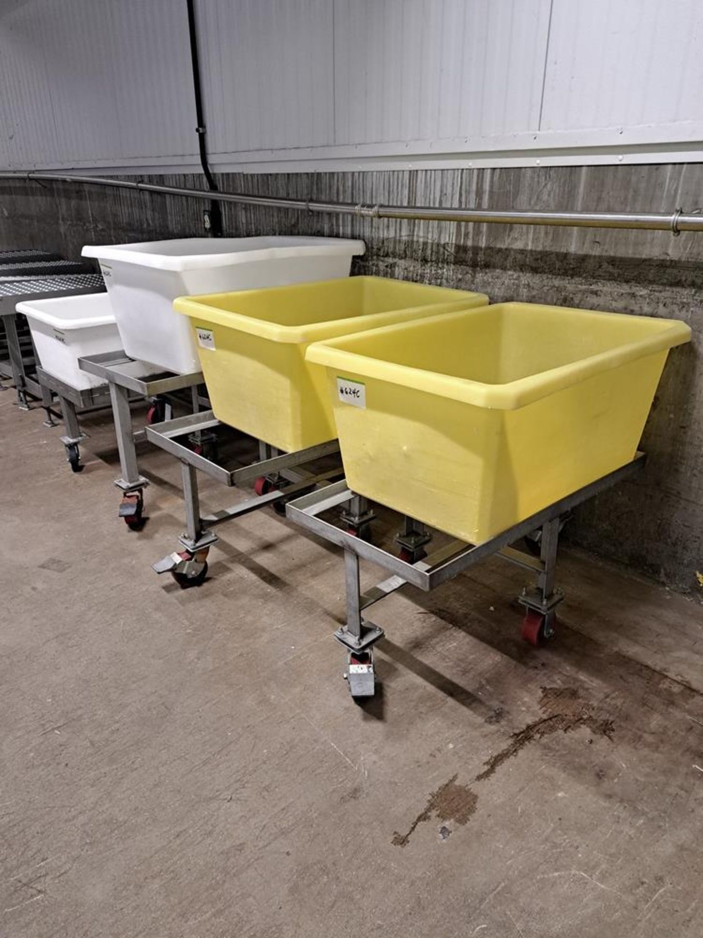 Lot (4) Plastic Totes on stainless steel cart: Required Loading Fee $75.00, Rigger-Norm Pavlish,