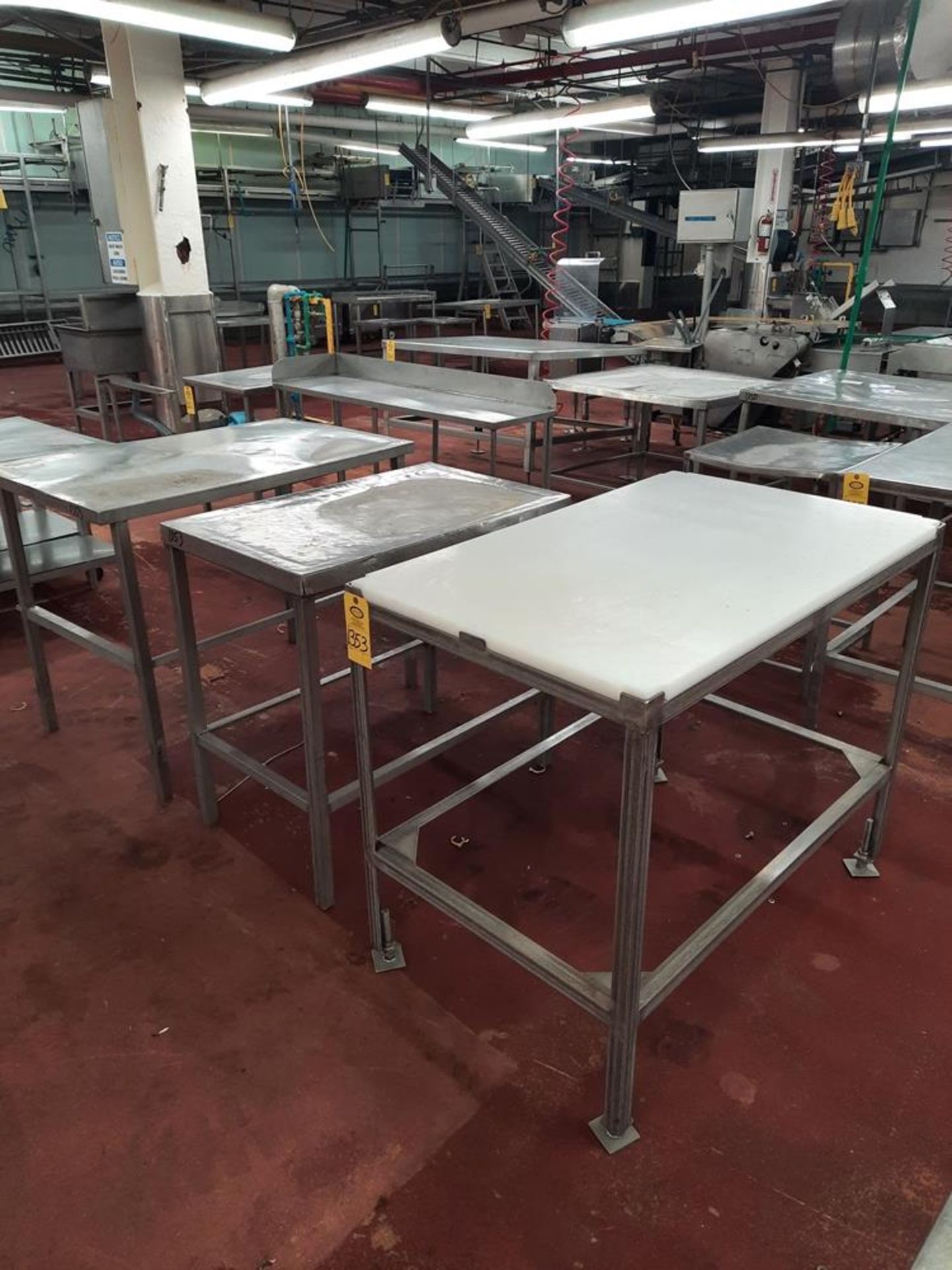 Lot Stainless Steel Tables, (1) 30" W X 4' L, (1) 2' W X 40" L, (1) 30" W X 4' L poly tops: Required