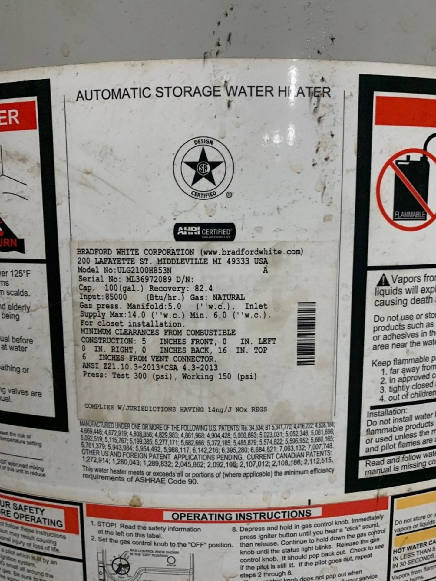 Bradford White Mdl. ULG2100H853N Hot Water Heater, 100 gallons, Ser. #ML36972089, natural gas: - Image 3 of 3