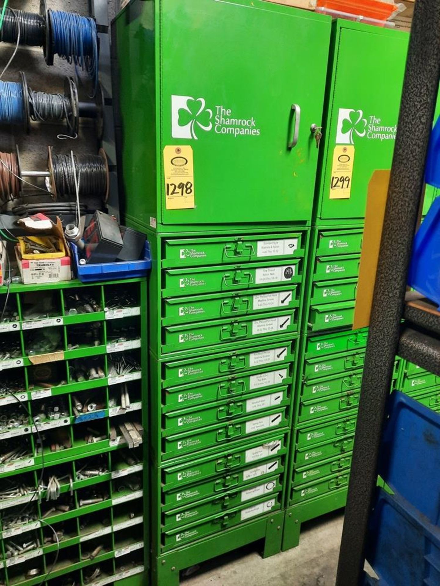 Lot Shamrock Co. Storage Box with (12) drawers with contents, Propane Cylinders, Screws, Pins