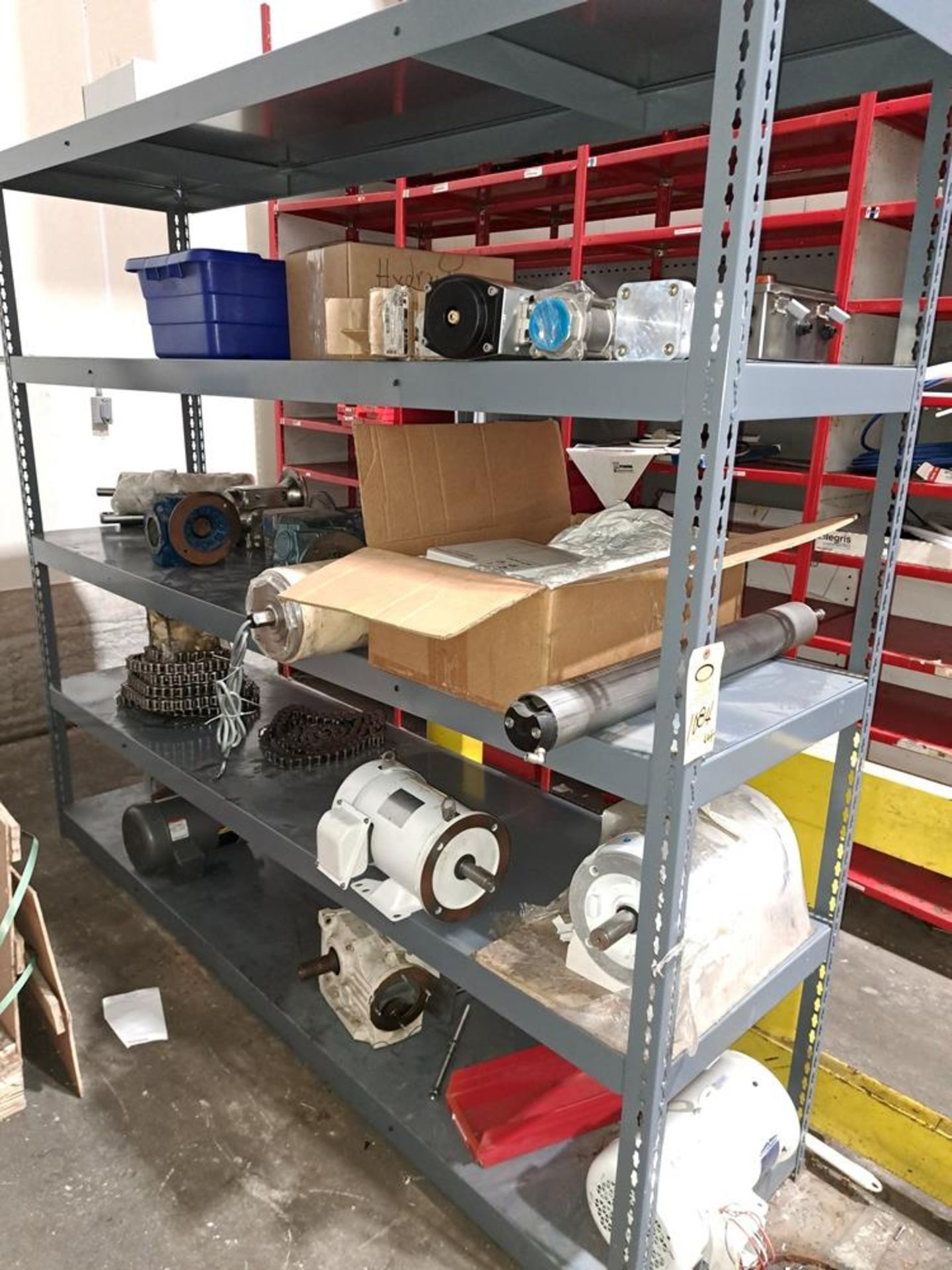 Lot Motors on shelving units, (Shelving not included), (6) Motors, (4) Gearboxes, Pneumatic