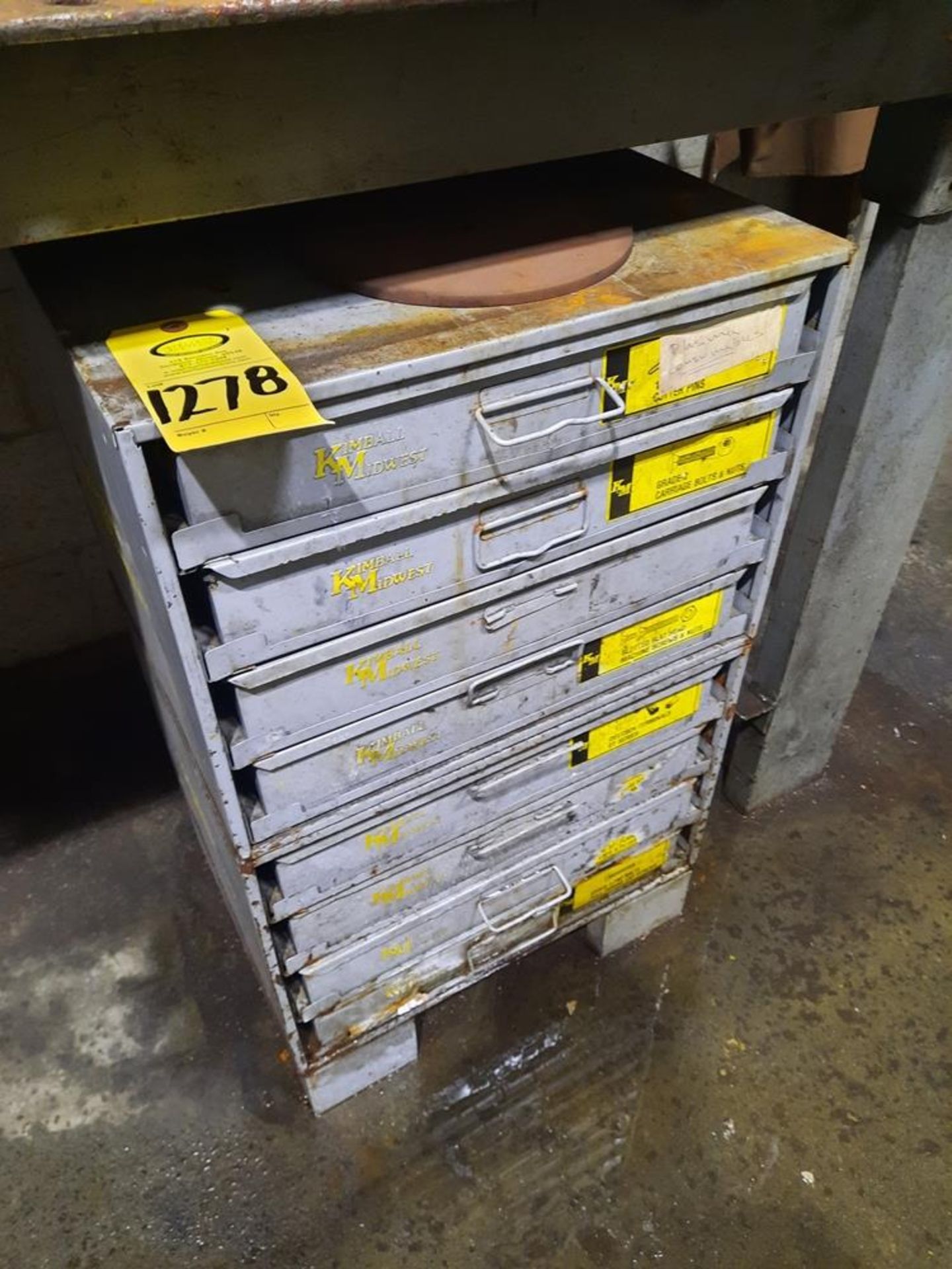 Lot Kimball Midwest (8) Parts Drawers with contents, nuts, bolts, fittings: Required Loading Fee $