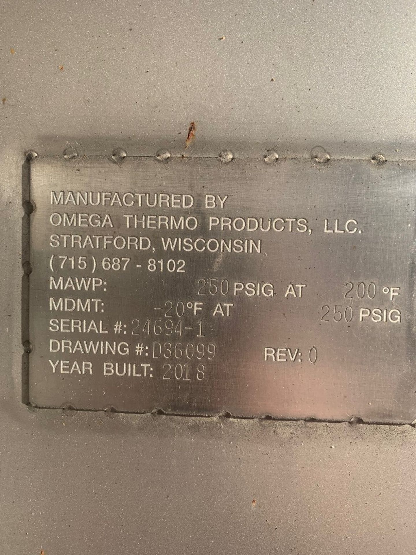 Omega Thermo Products, 250 PSIG., Kevion 8-Plate Chiller, Ser. #24694-1, MFg. 2018, Drawing # - Image 6 of 11