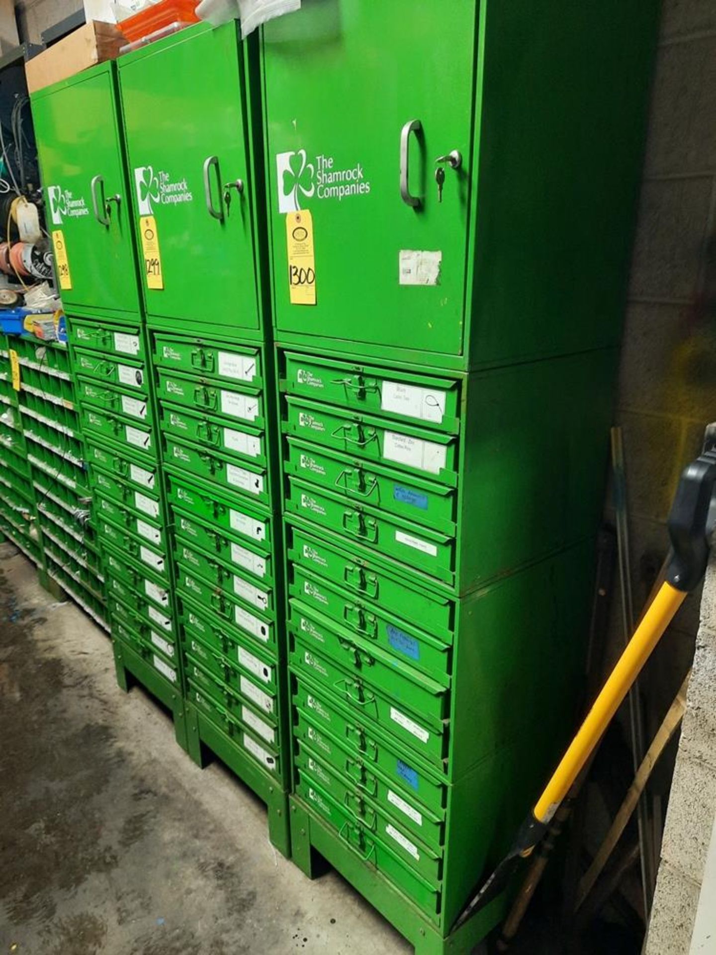 Lot Shamrock Co. Storage Box with (12) drawers with contents, paints, cable ties, cotter pins,