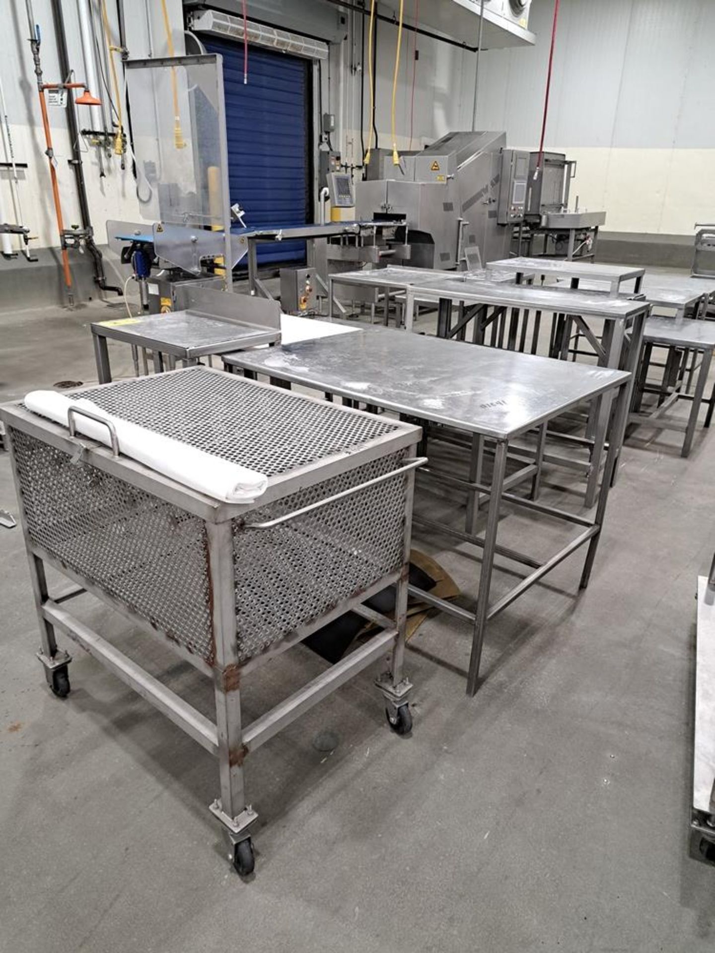 Lot (15) Stainless Steel Tables, (1) Stainless Steel Parts Cart: Required Loading Fee $400.00,