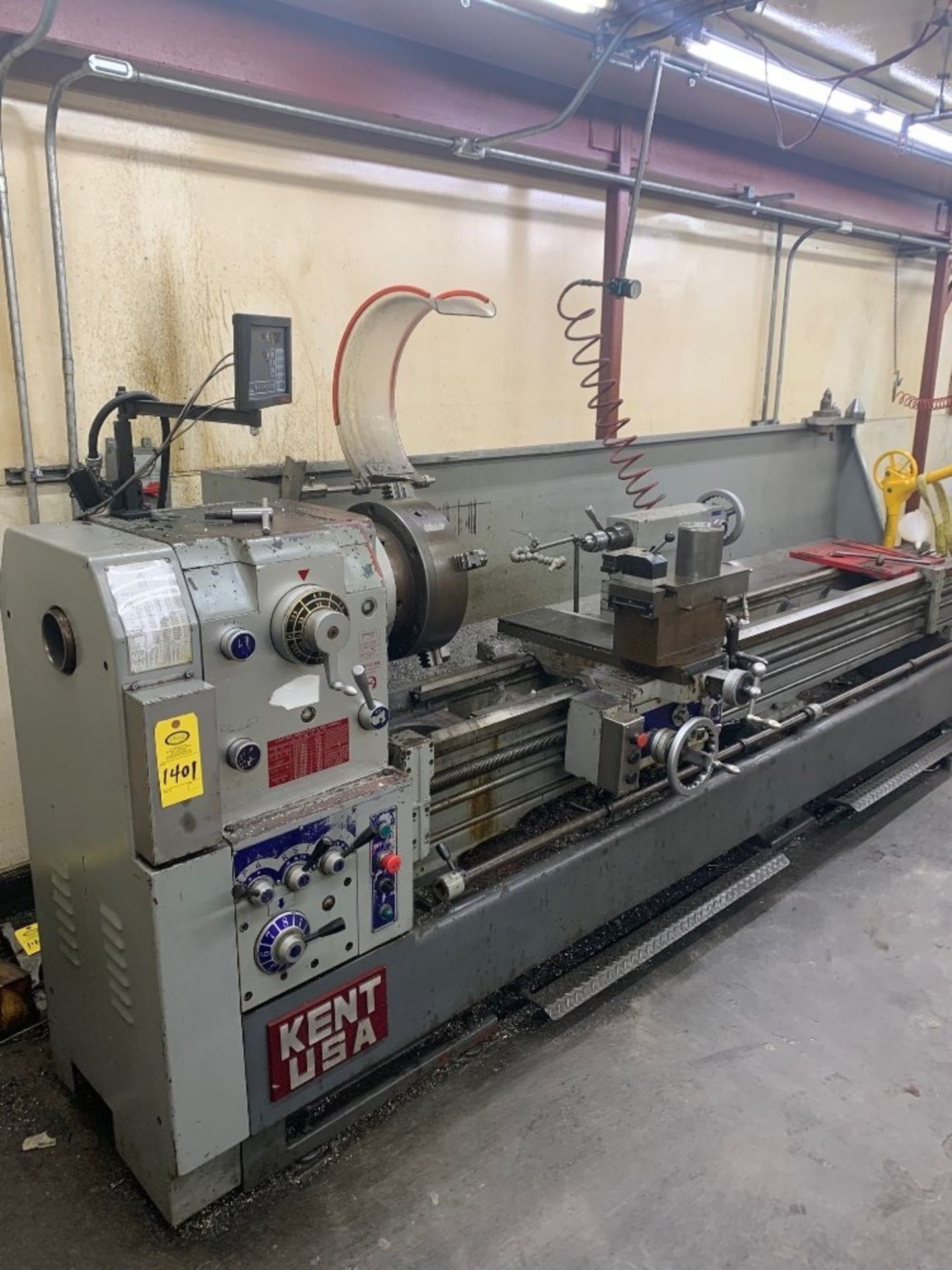 Kent Lathe, 12' L bed, with DP7000 Newall Controls, (3) Chucks and parts: Required Loading Fee $