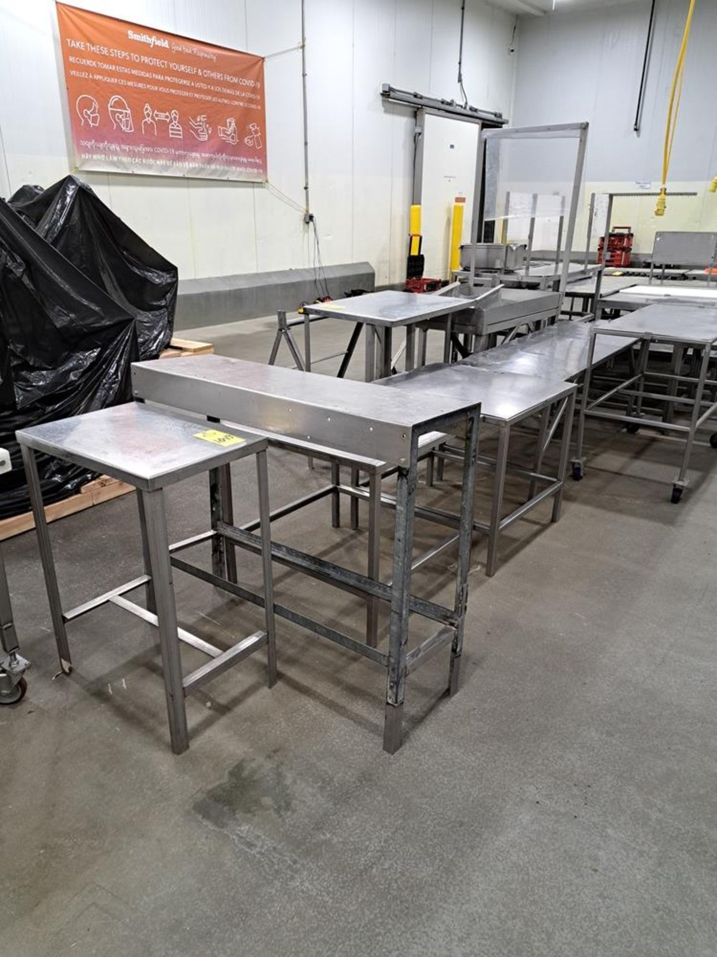 Lot (10) Stainless Steel Tables, Bag Holder, Stainless Steel Parts Cart: Required Loading Fee $250.