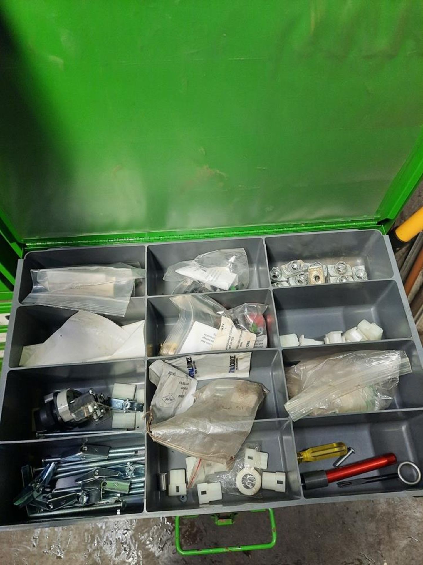 Lot Shamrock Co. Storage Box with (12) drawers with contents, paints, cable ties, cotter pins, - Image 9 of 14