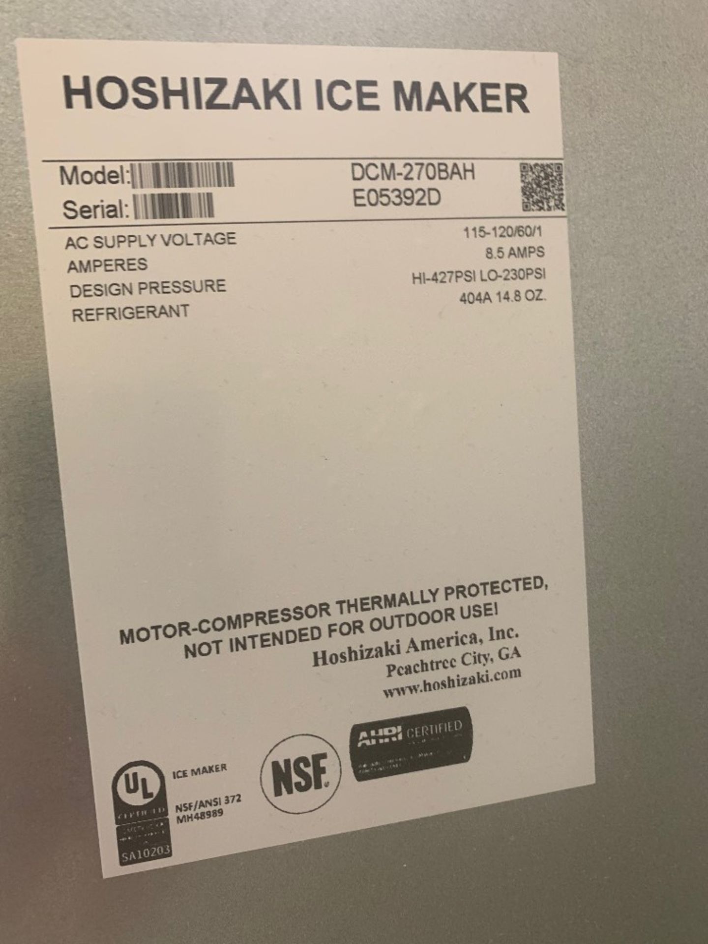 Hoshizaki America Inc Ice Maker Mdl. DCM270BAH Removal Is By