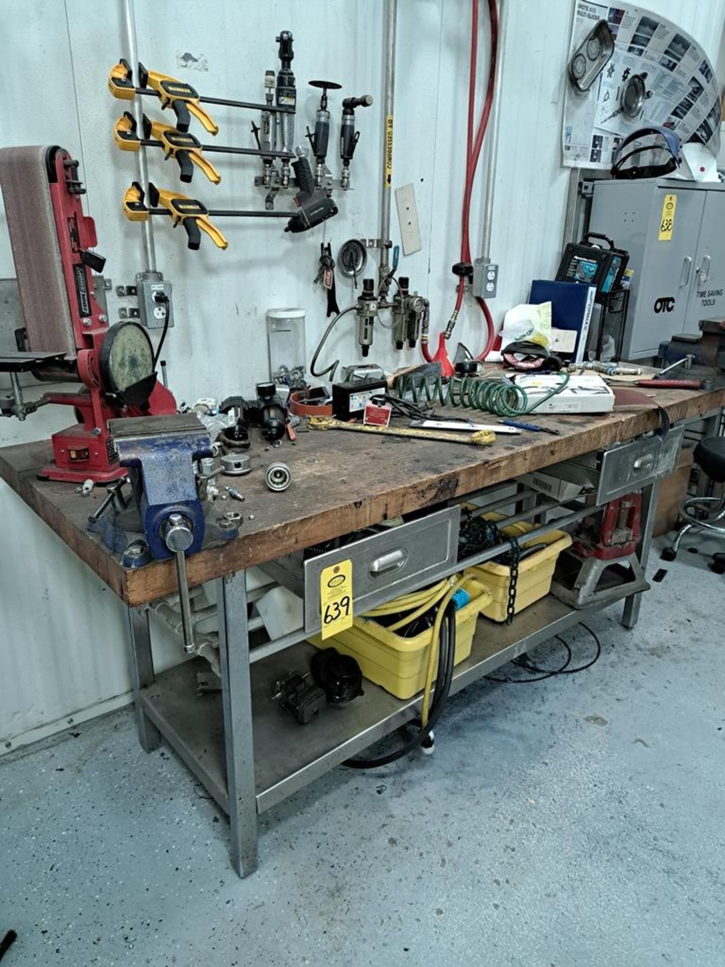 Lot Wood Work Bench, with contents, 30" W X 7' L X 36" T, (2) Vises, Belt/Disc Sander, Clamps, Air