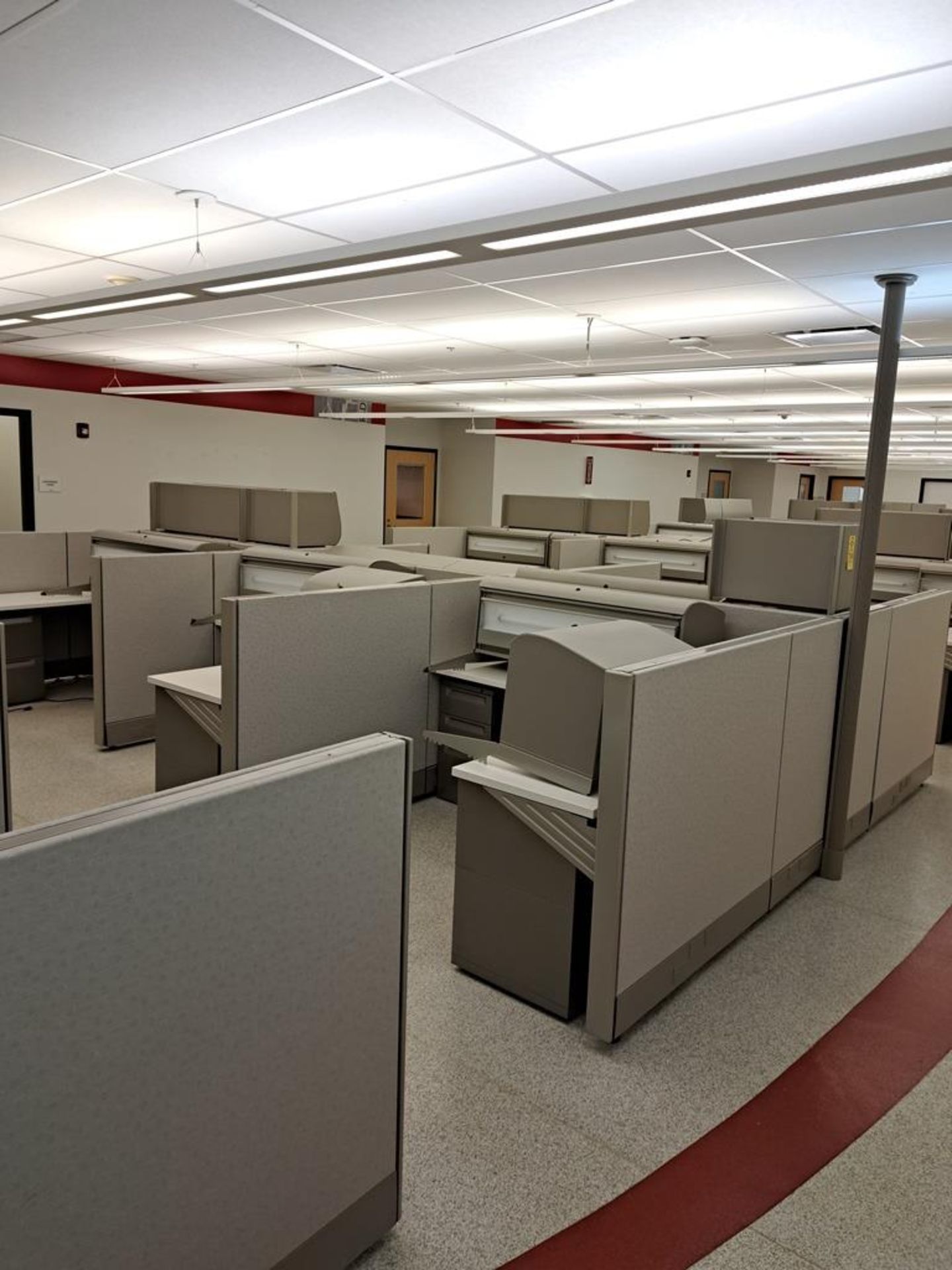 (6) Herman Miller Work Station Cubicles, 20' L X 150" W X 63" T, each cubie has desk, file cabinets,