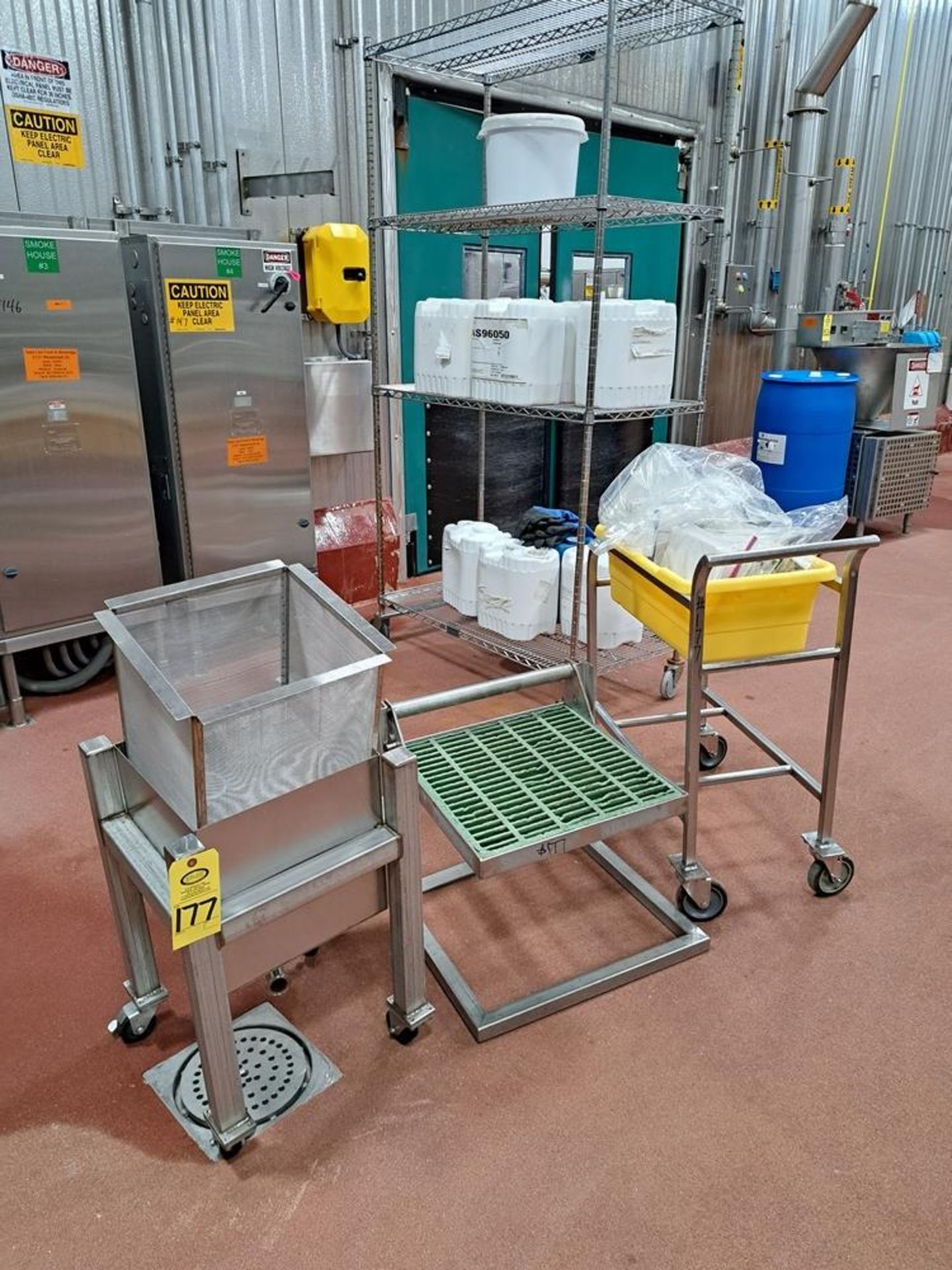 Lot (1) Stainless Steel Tote Rack, (1) Adjustable Work Platform, (1) Portable Tank with screen, (
