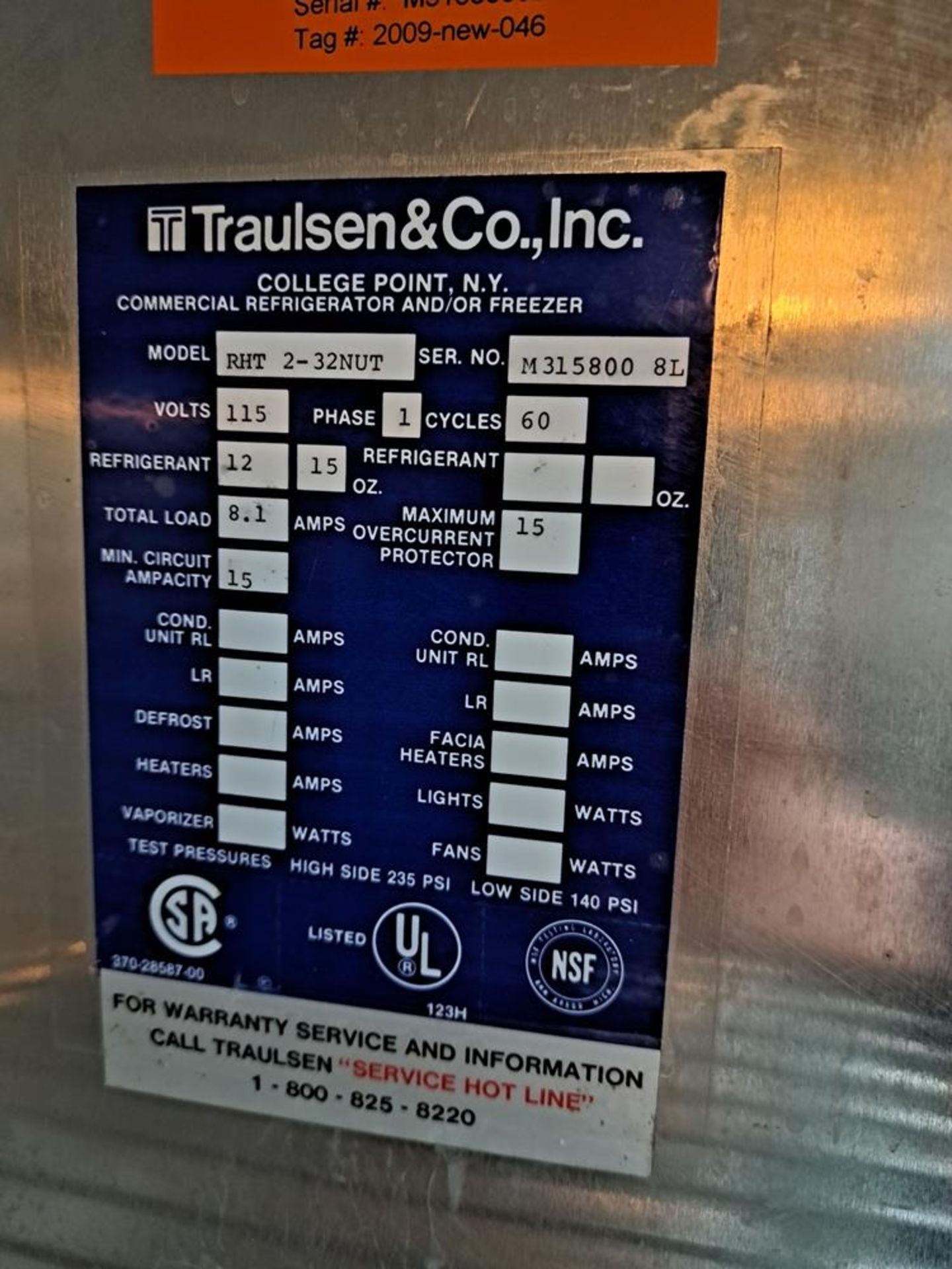 Traulsen Mdl. RHT-2-32 NUT Double Door Refrigerator, Ser. #M3158008L, 52" W X 32" D X 7' T-Removal - Image 3 of 3