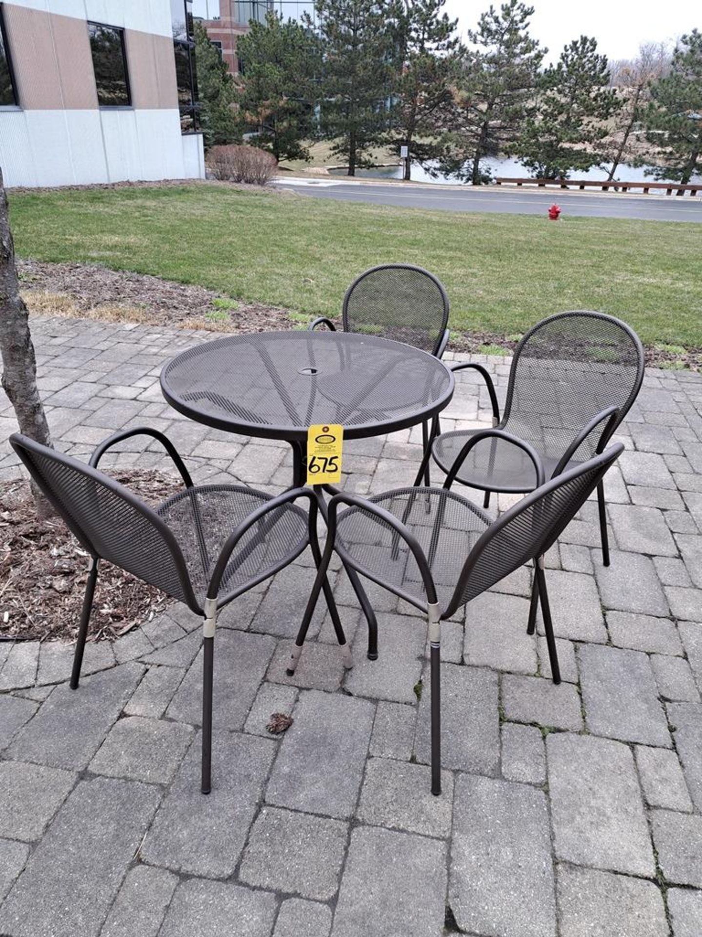 Lot (1) 31" Dia. Patio Table with (4) Chairs and Black Umbrella-Removal Is By Appointment Only-All