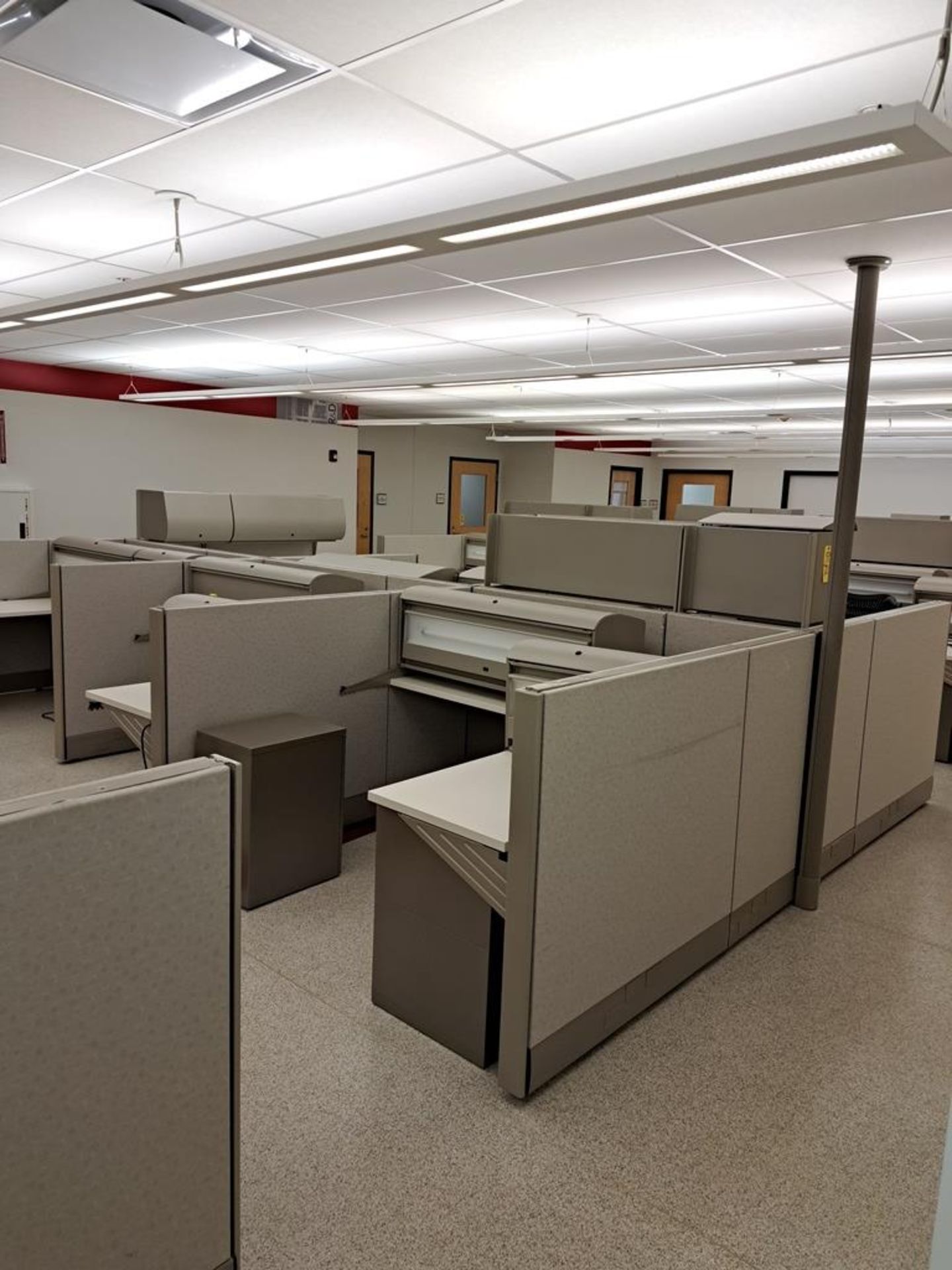 (6) Herman Miller Work Station Cubicles, 20' L X 150" W X 63" T, each cubie has desk, file cabinets,