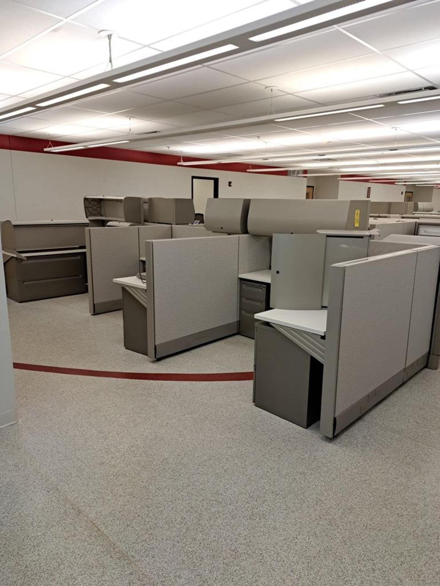 (6) Herman Miller Work Station Cubicles, 20' L X 150" W X 63" T, each cubie has desk, file cabinets,