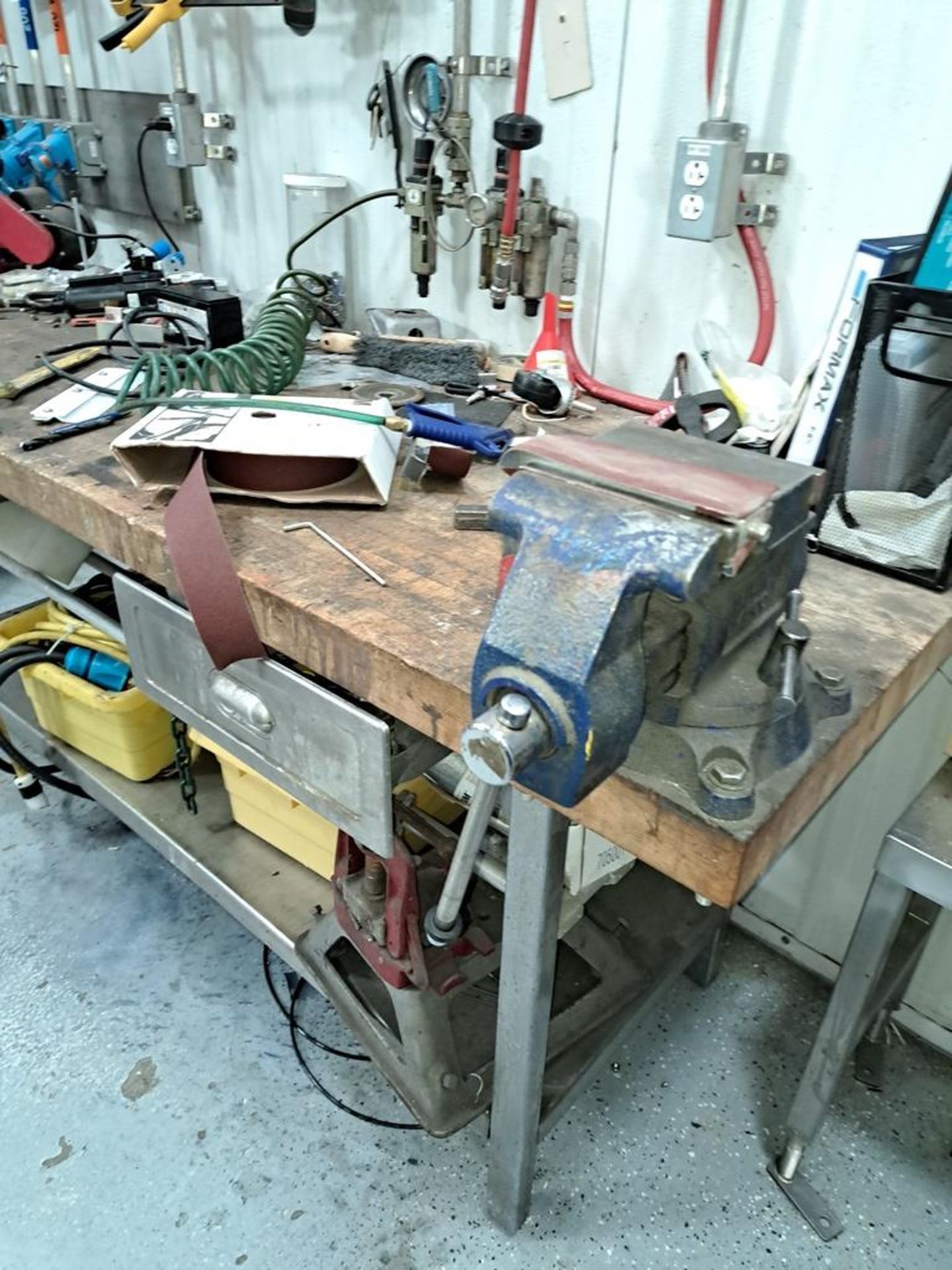 Lot Wood Work Bench, with contents, 30" W X 7' L X 36" T, (2) Vises, Belt/Disc Sander, Clamps, Air - Image 4 of 5