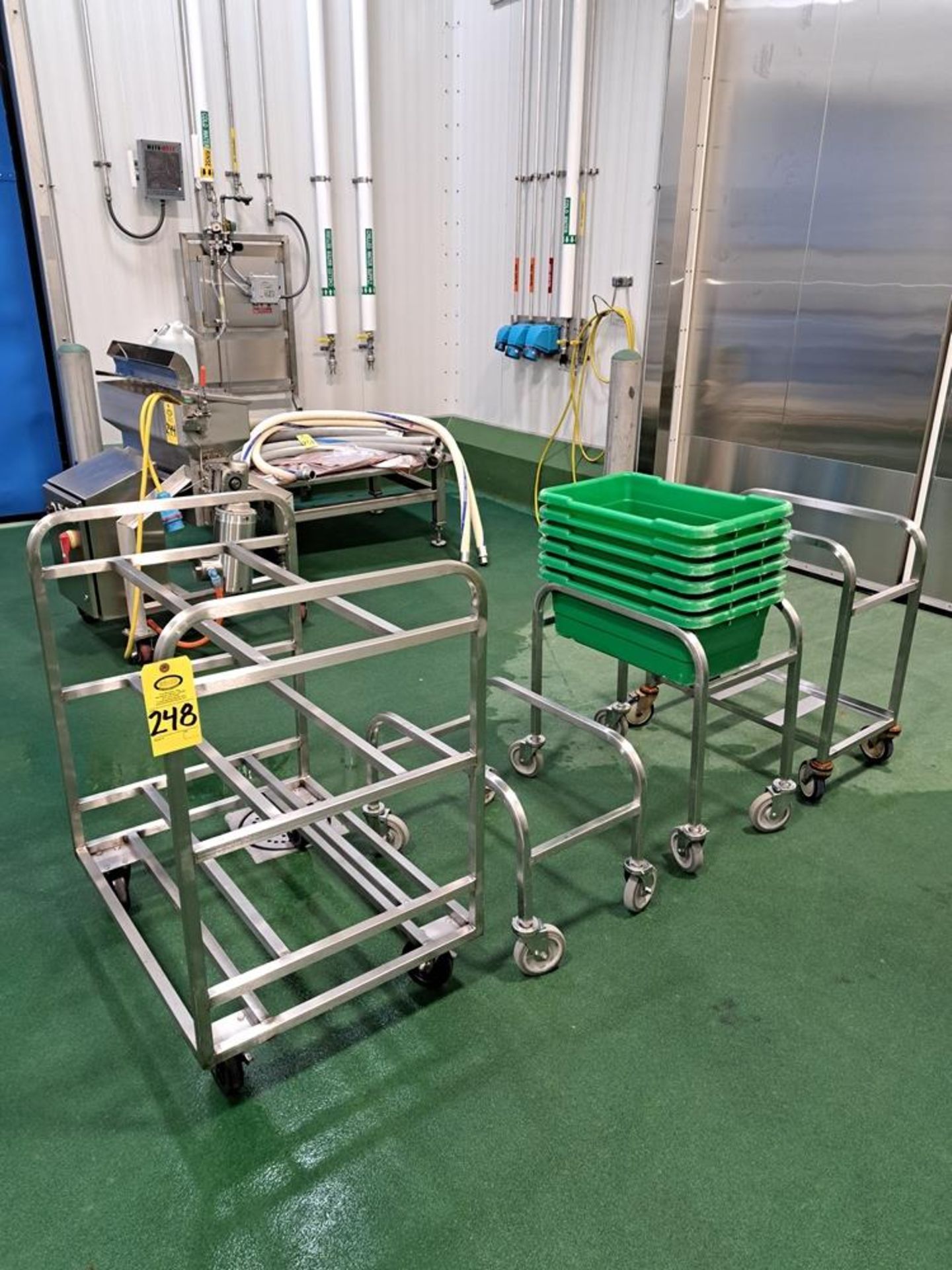 Lot (4) Stainless Steel Tote Racks (6) Plastic Totes-Removal Is By Appointment Only-All Small Hand