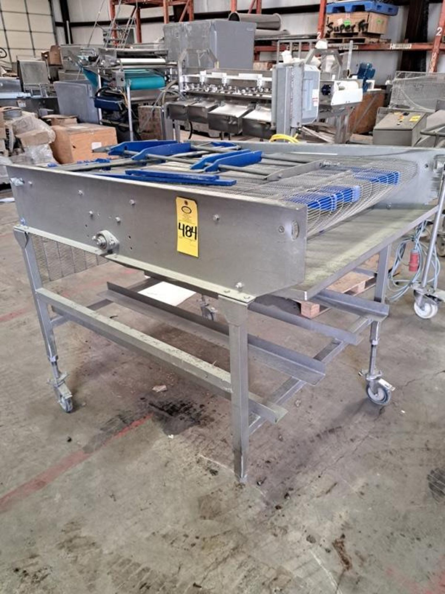 Stainless Steel Portable Conveyor, 40" W X 50" L stainless steel belt, missing (1) wheel, Allen