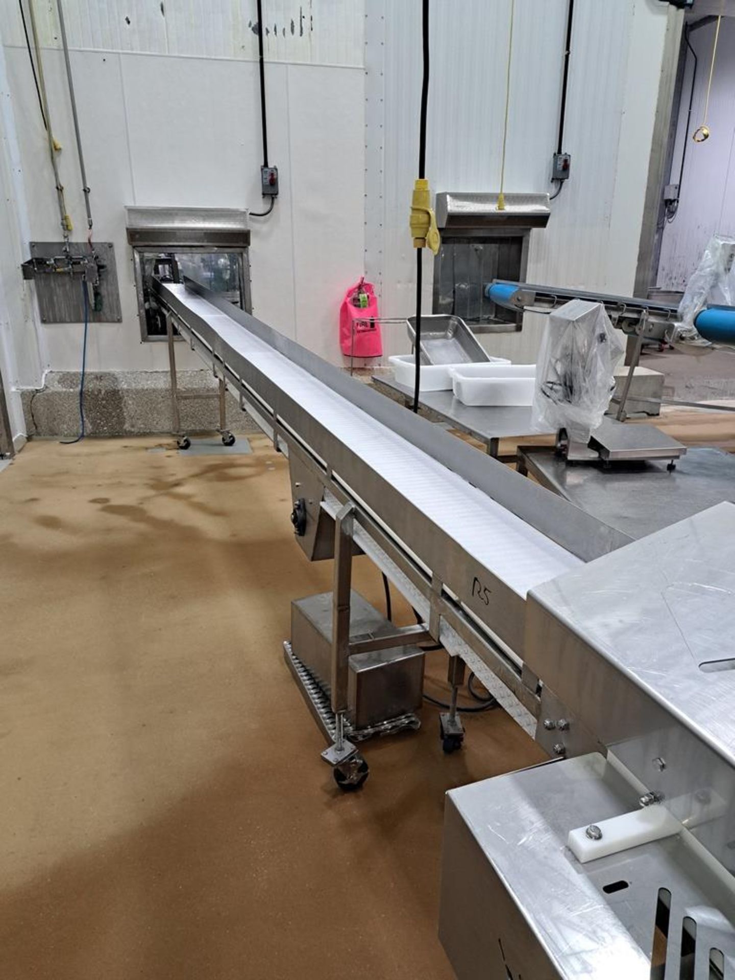 Stainless Steel Portable Conveyor, 12" W X 22' L plastic belt, 230/460 volt motor (Located in