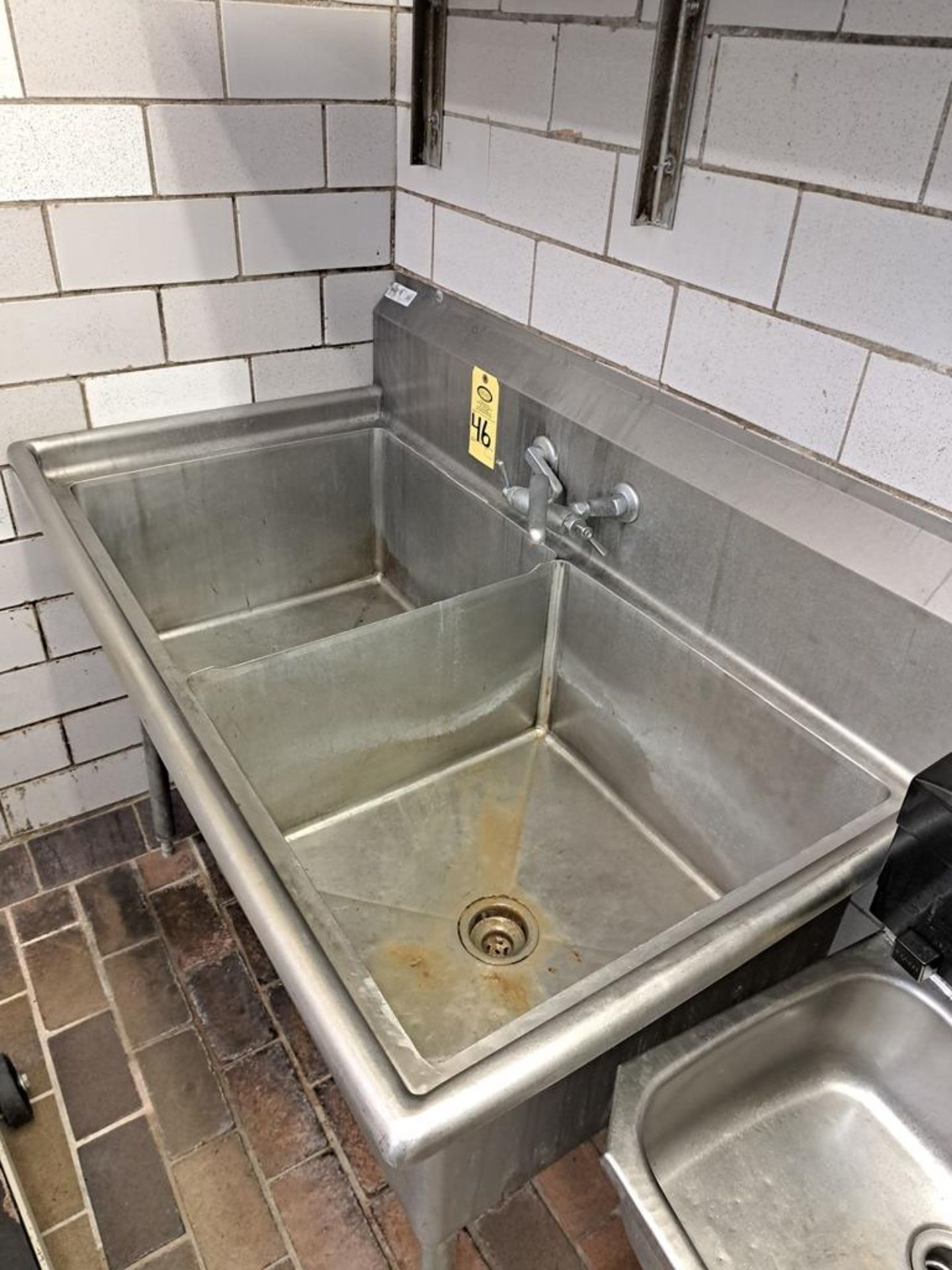 Lot Stainless Steel Sink, single faucet, 30" W X 54" L, stainless steel shelf, 18" W X 48" L ( - Image 2 of 2