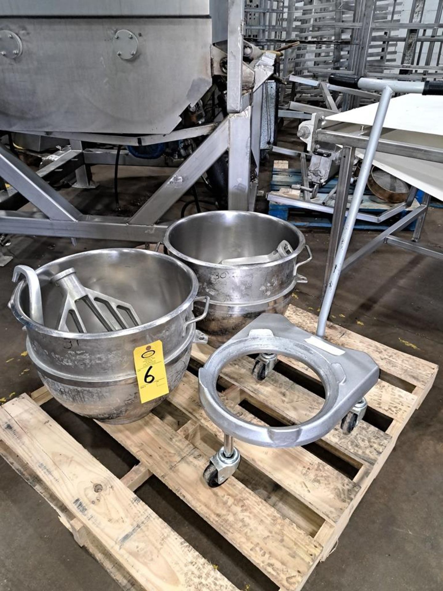 Lot of (2) Globe 60 Qt. Stainless Steel Bowls, (2) Beaters, (1) Dough Hook, (1) Bowl Cart, Located