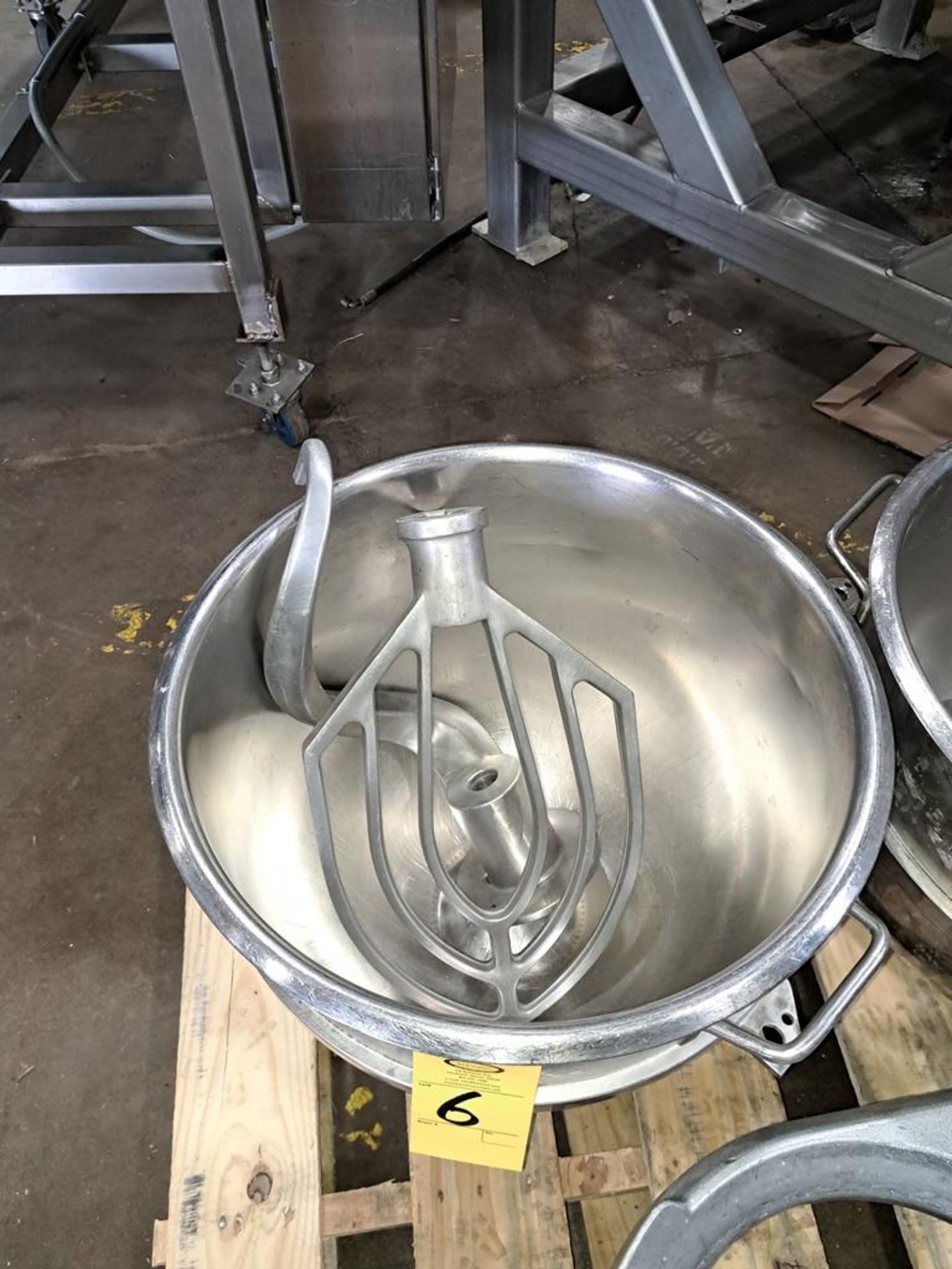 Lot of (2) Globe 60 Qt. Stainless Steel Bowls, (2) Beaters, (1) Dough Hook, (1) Bowl Cart, Located - Image 3 of 4