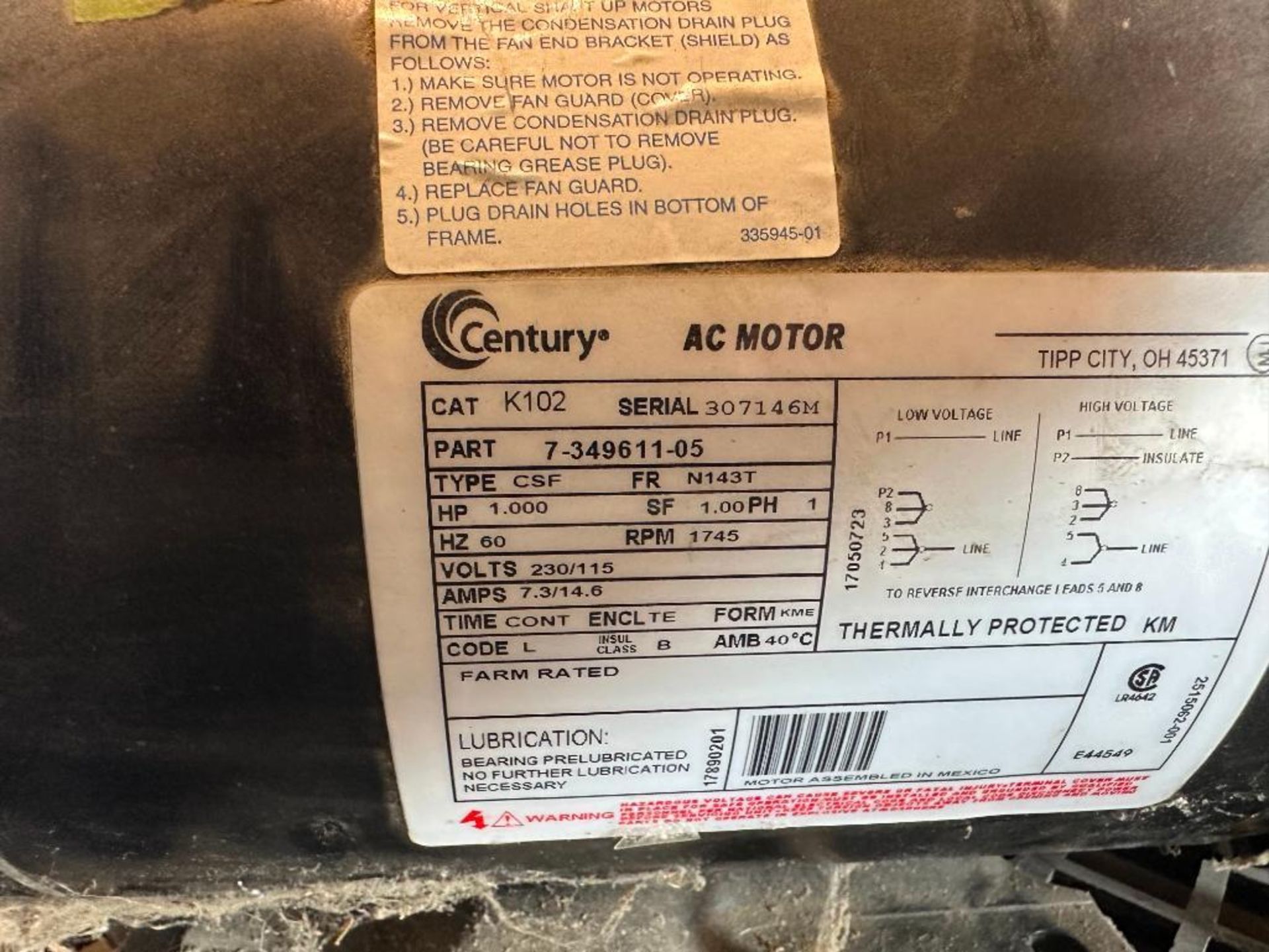 CENTURY 1 HP GENERAL PURPOSE AC MOTOR K102 BRAND/MODEL: CENTURY K102 LOCATION: MAIN WAREHOUSE - Image 5 of 5