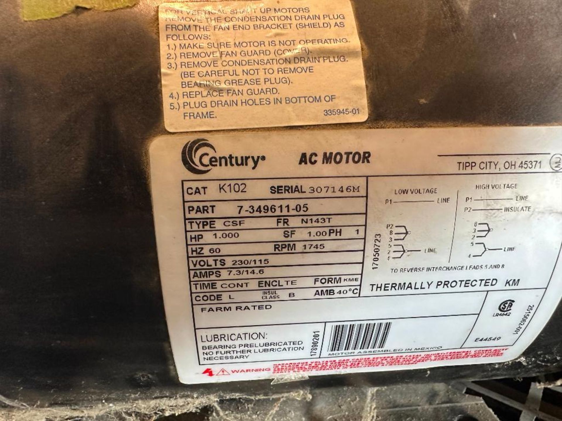 CENTURY 1 HP GENERAL PURPOSE AC MOTOR K102 BRAND/MODEL: CENTURY K102 LOCATION: MAIN WAREHOUSE - Image 4 of 5