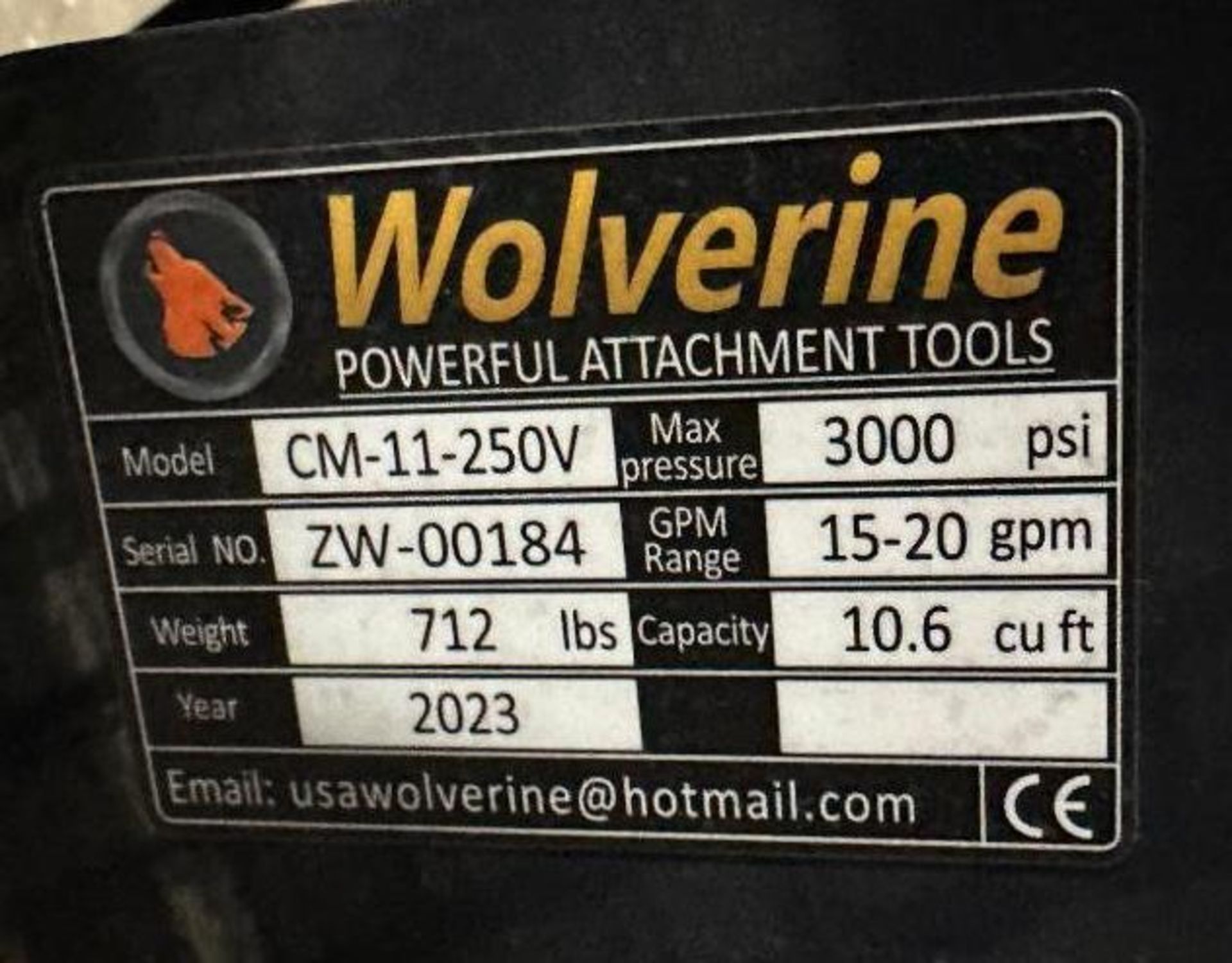 WOLVERINE CONCRETE MIXER SKID STEER ATTACHMENT BRAND/MODEL: WOLVERINE CM-11-250V INFORMATION: SERIAL - Image 7 of 7
