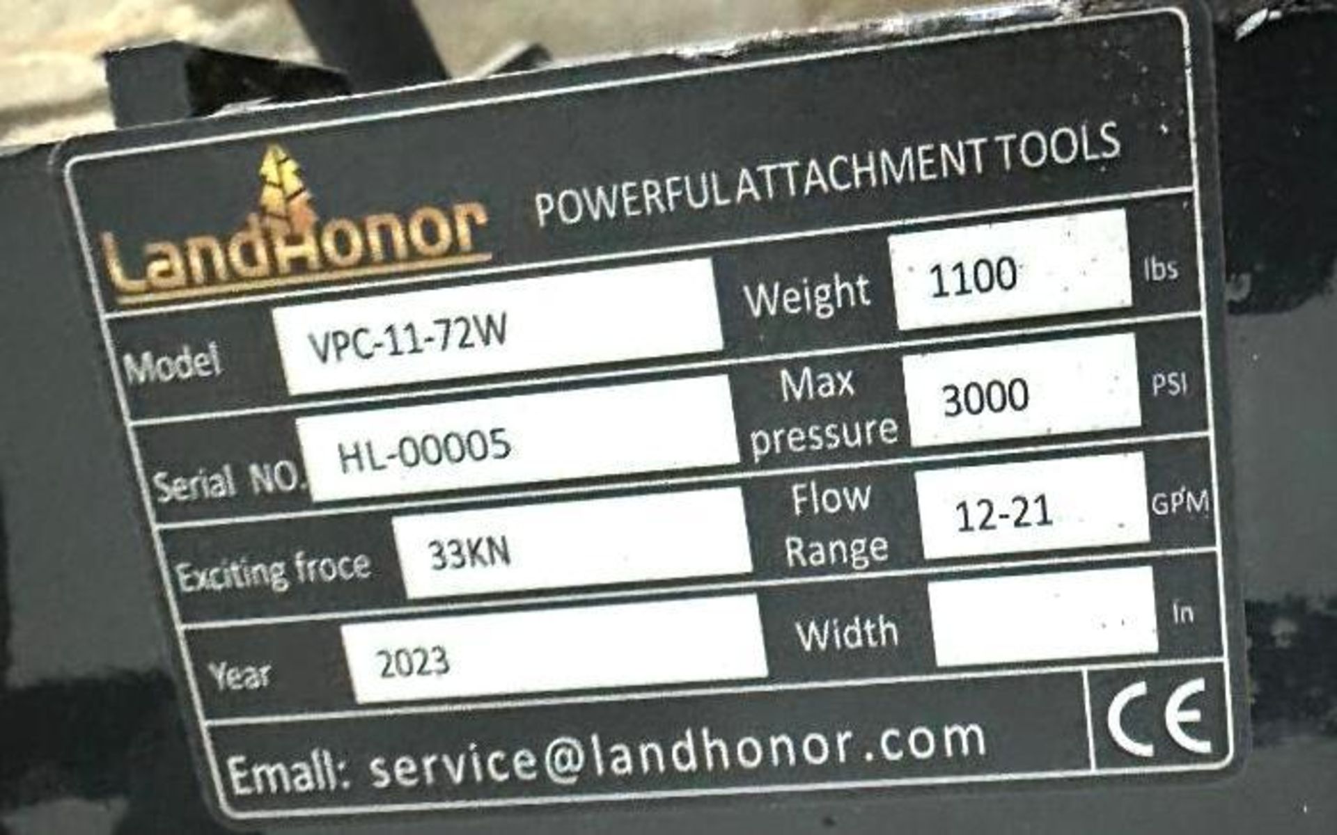 LAND HONOR 72" VIBRATORY PLATE COMPACTOR SKID STEER ATTACHMENT BRAND/MODEL: LANDHONOR VPC-11-72W INF - Image 5 of 5