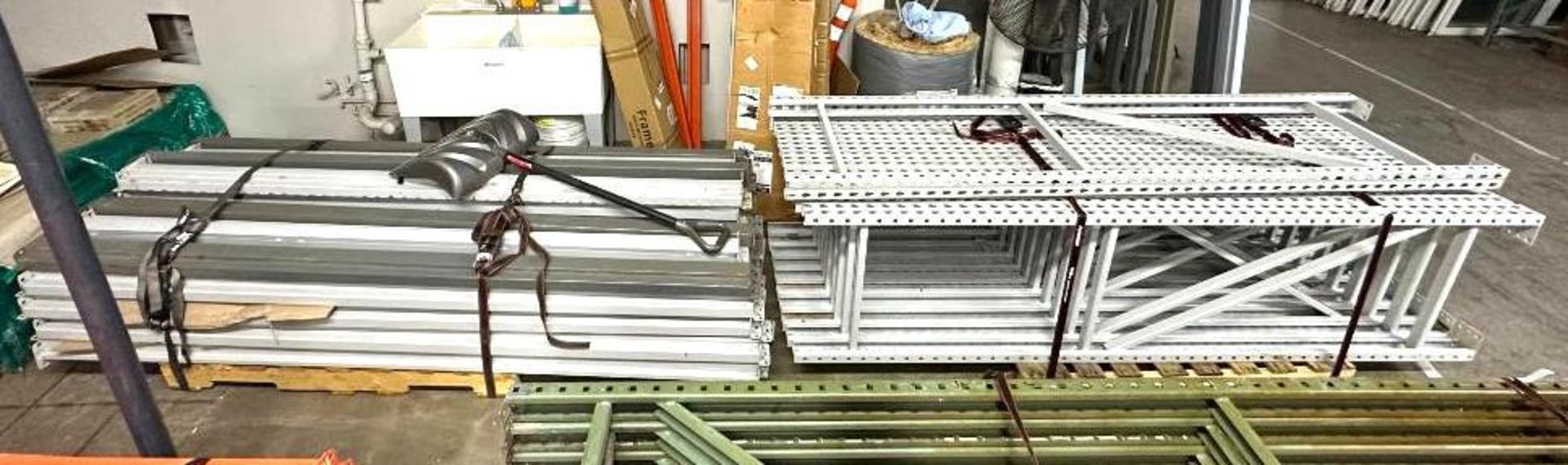 (10) SECTIONS OF 96" X 96" TEAR DROP STYLE PALLET RACKING INFORMATION: INCLUDES: (8) 24" X 96" UPRIG