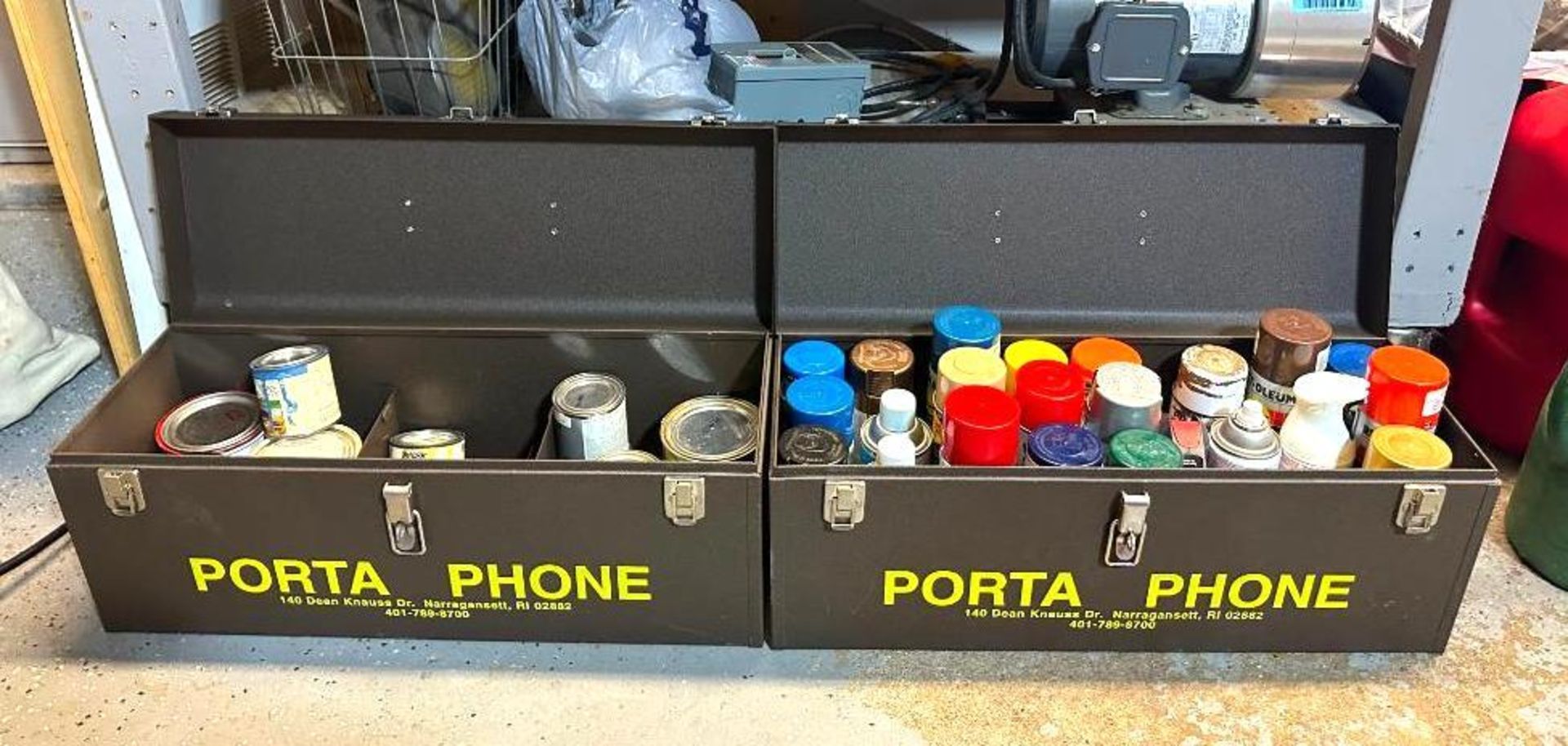 (2) TOOLBOXES WITH ASSORTED PAINT AND WOOD STAIN SIZE: 24"X8"X10" LOCATION: GARAGE QTY: 1