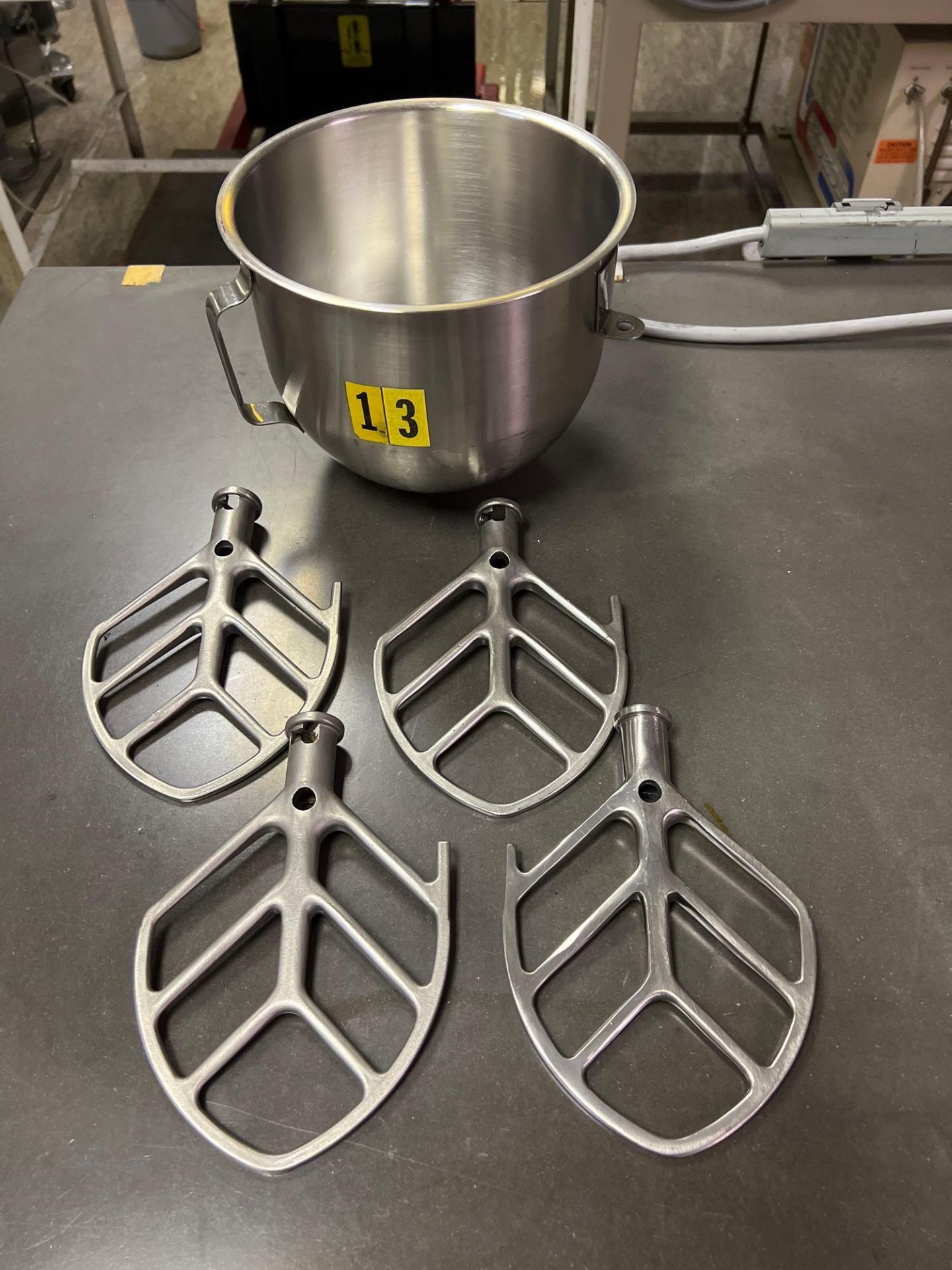 Lot of (4) Stainless Steel B Beater Paddles and (1) Stainless Steel Bowl for N-50 Hobart Mixers